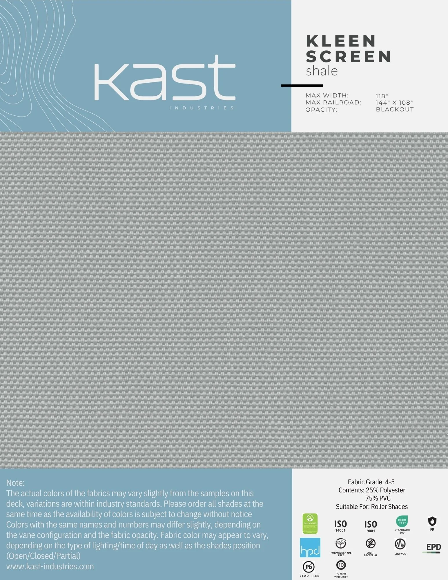 Close-up of grey textured roller shade fabric from Kast Industries. The background shows packaging with details about the shade's specifications, such as color, dimensions, opacity, and material composition.