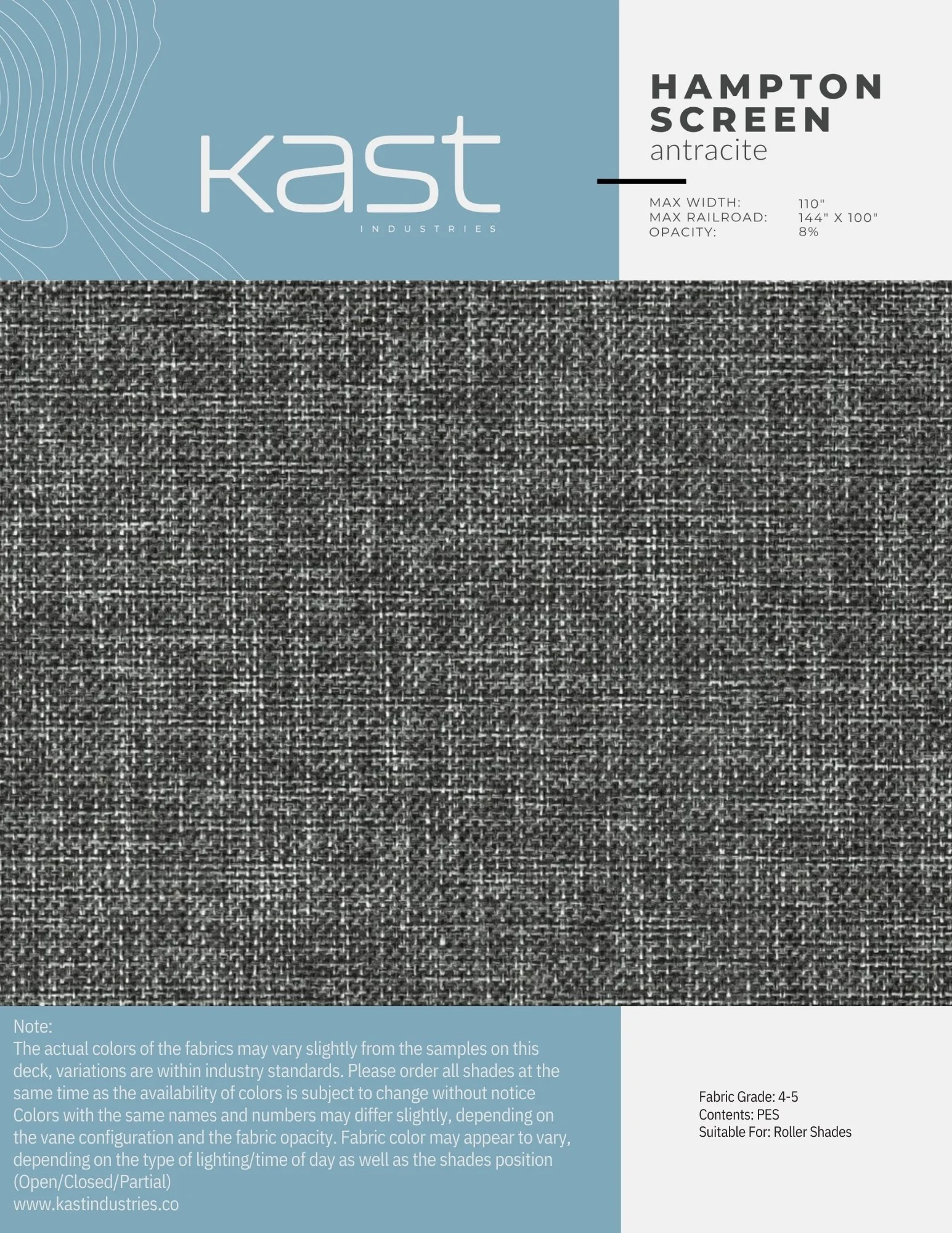 Sample of Hampton Screen in anthracite color by Kast Industries, showing a textured fabric suitable for roller shades, with specifications for width, railroad length, and opacity.
