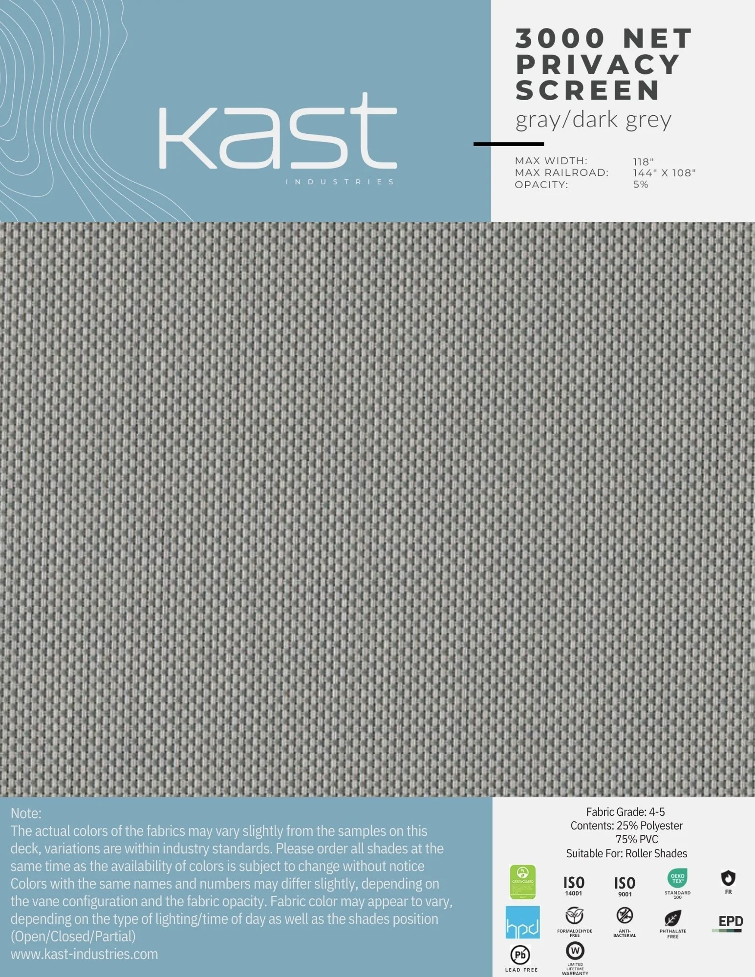 Packaging for Kast Industries' 3000 net privacy screen in gray/dark grey, textured fabric, with product specifications and certifications listed.