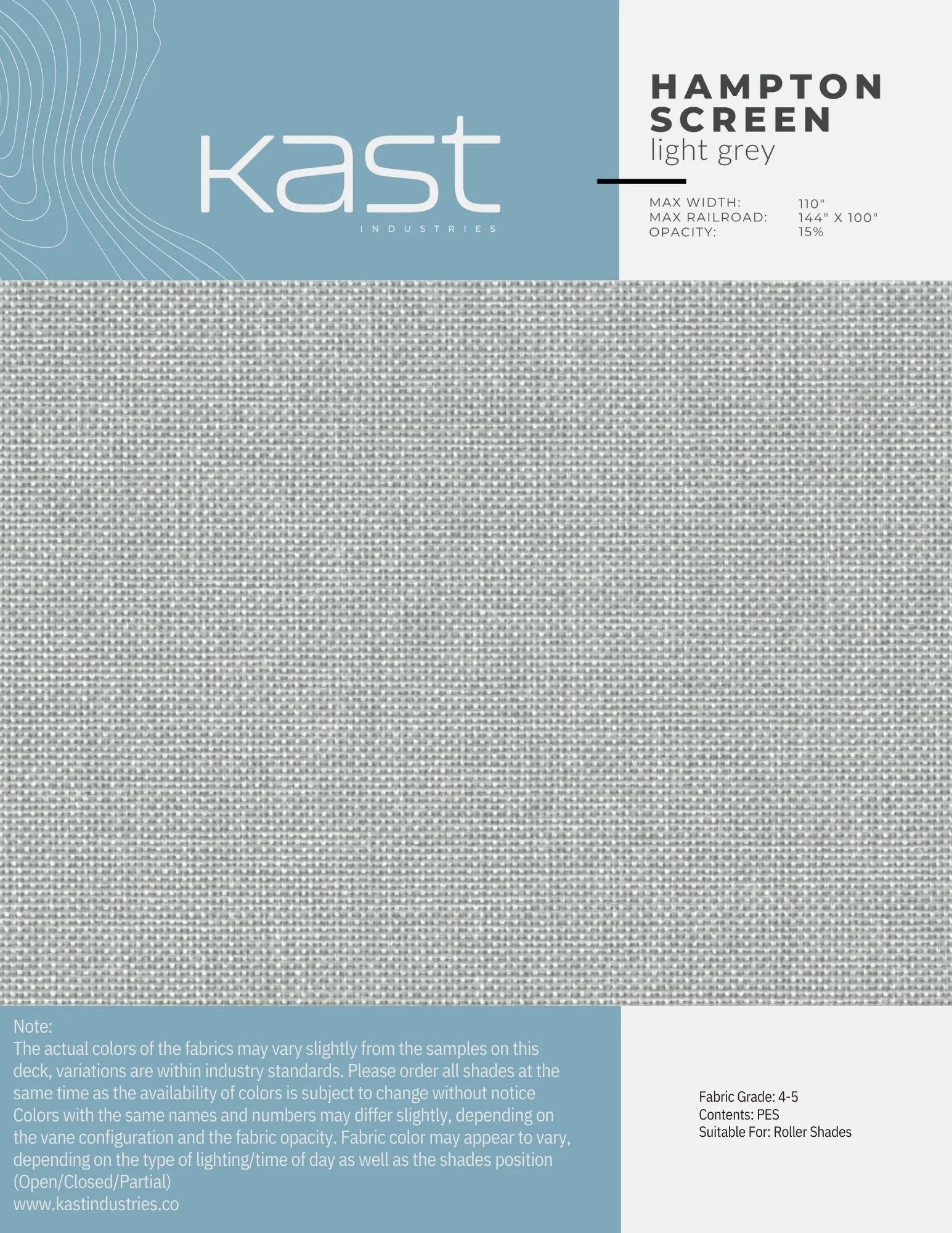 Sample fabric swatch in light grey from Kast Industries, labeled Hampton Screen, suitable for roller shades, with information about dimensions, opacity, and color variations.
