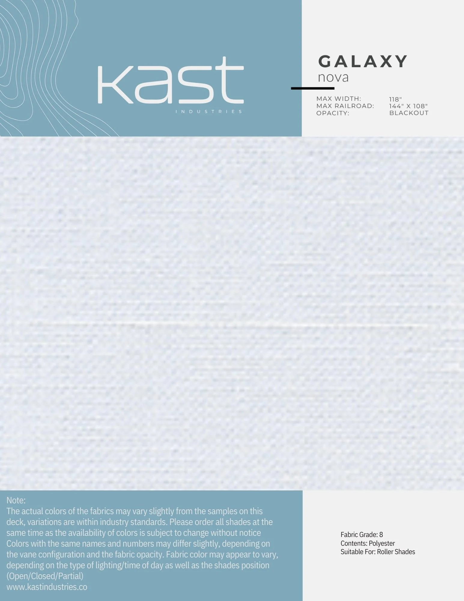 Fabric sample from Kast Industries labeled Galaxy Nova, featuring a white textured polyester material suitable for roller shades, with specifications and notes about color variations and use.