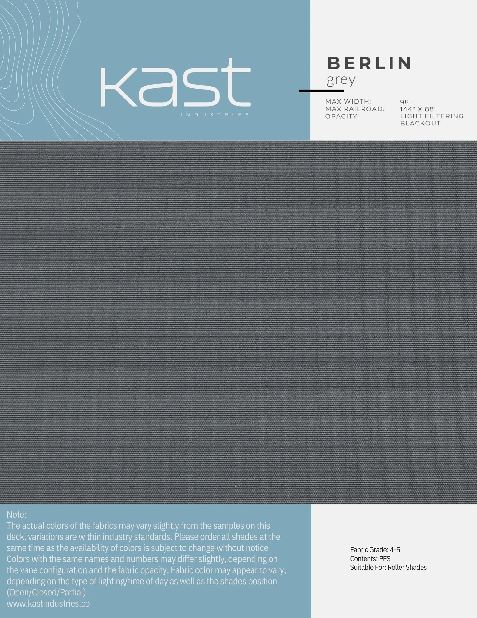 A fabric sample swatch from Kast Industries in grey color with a label indicating it is suitable for roller shades, with details about fabric grade, contents, and recommended use.