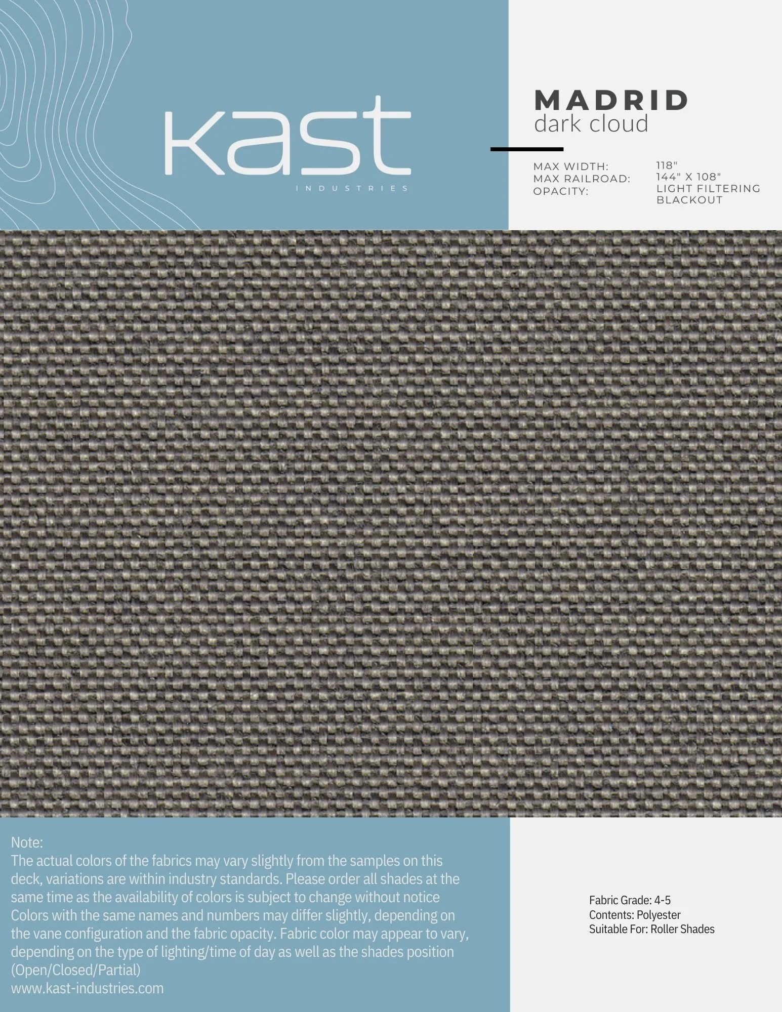 Sample fabric swatch from Kast Industries called Madrid Dark Cloud, suitable for roller shades, with a dark gray, textured, woven pattern.