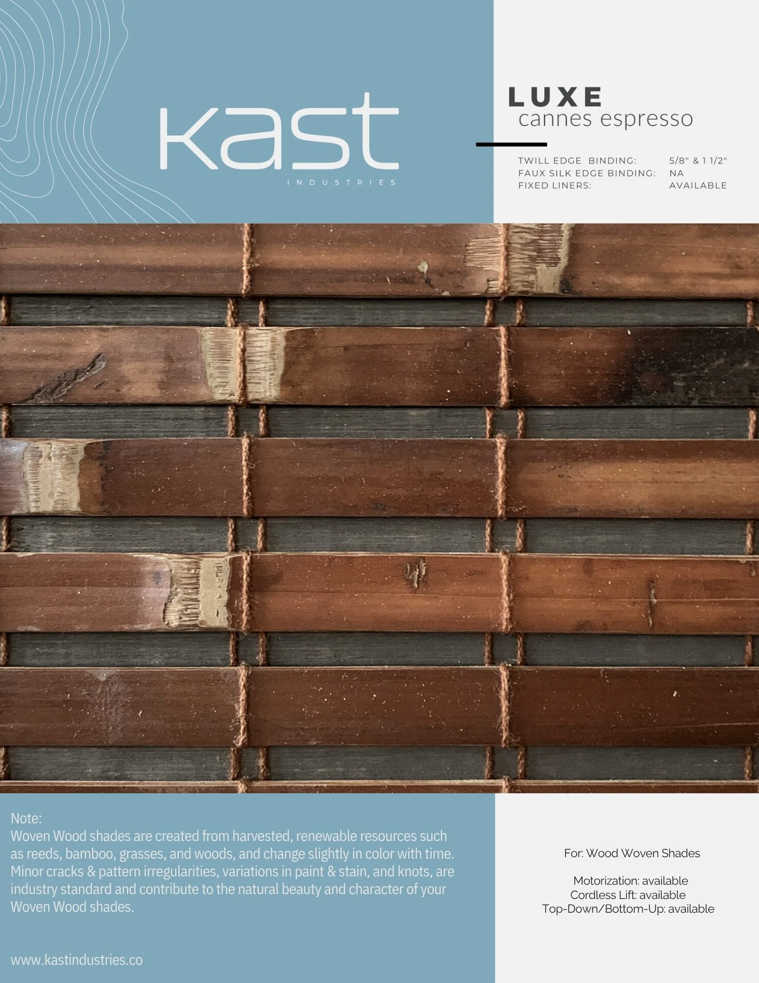 Close-up view of wooden woven shade samples in various shades of brown, with a blue and white packaging label indicating it is a Kast Industries Luxe Cannes Espresso woven wood shade, including product details and features.
