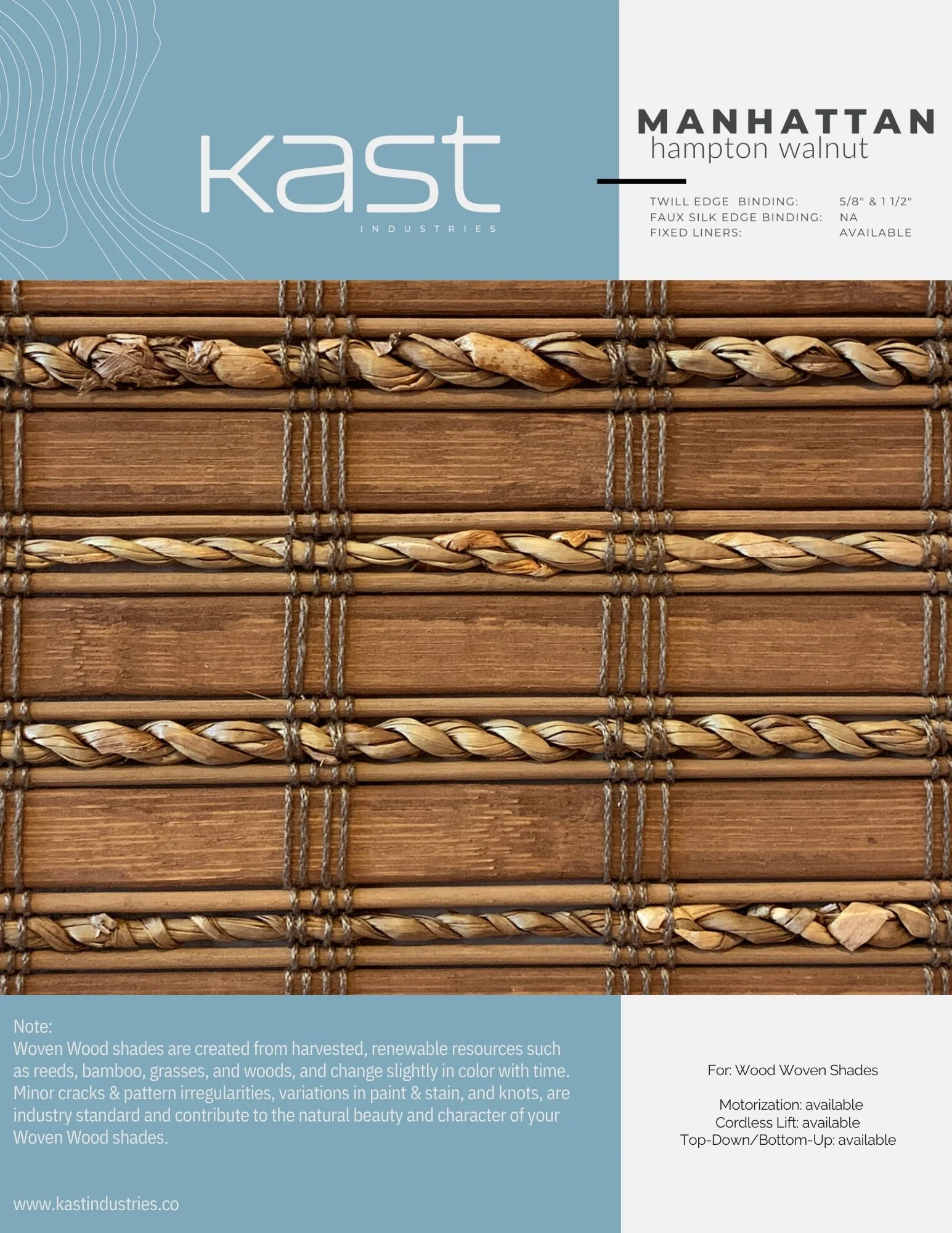 Packaging for Kast Industries' Manhattan Hampton Walnut woven wood shade, featuring a close-up of the woven wood fabric with wood and natural fiber intertwined.