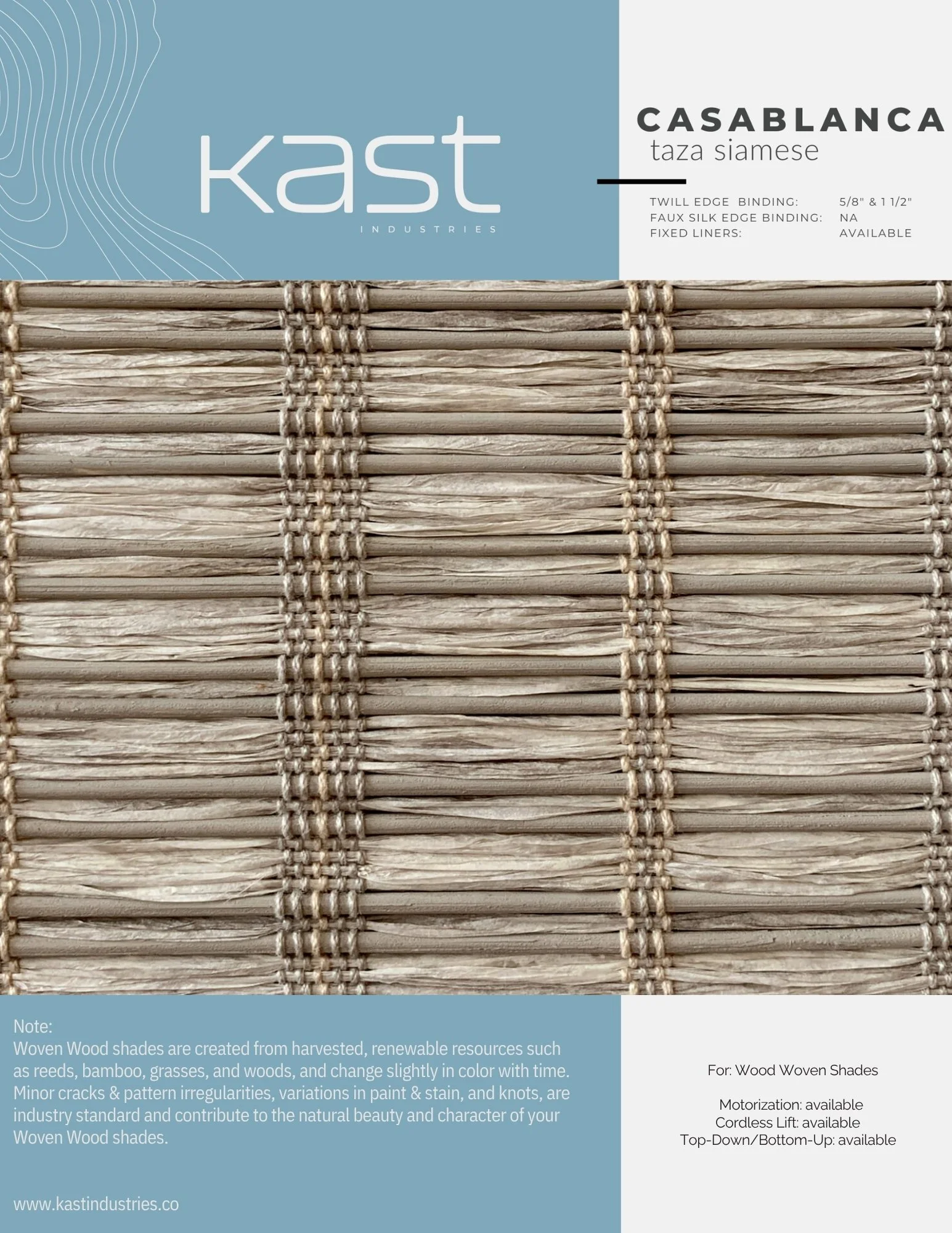 Packaging of a bamboo or wood woven window shade by Kast Industries, labeled Casablanca, Taza Siamese, with details about its materials, installation options, and features.