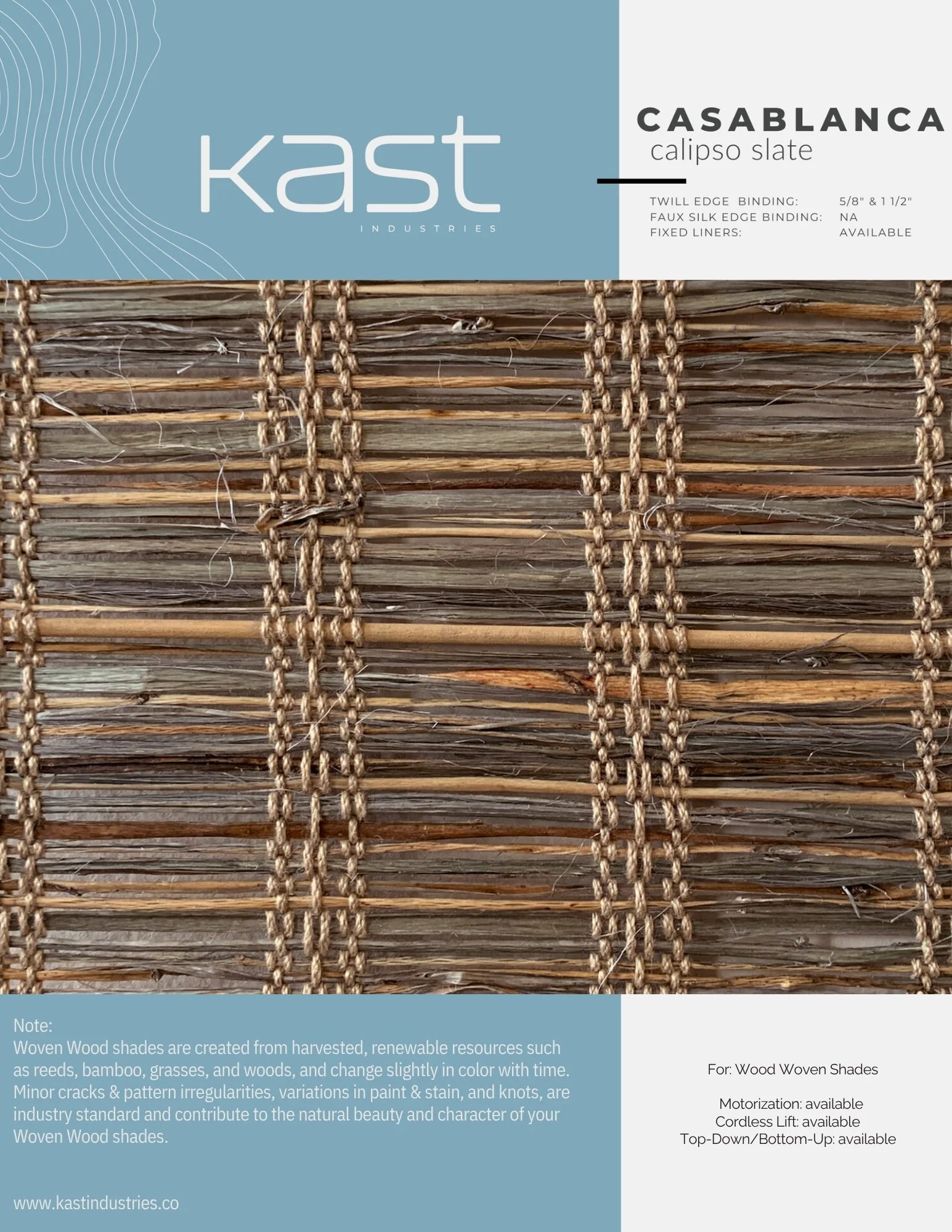Close-up of a woven wood shade with a label indicating it is the Casablanca Calipso Slate model from Kast Industries, made of natural woody materials like reeds, bamboo, grasses, and woods.