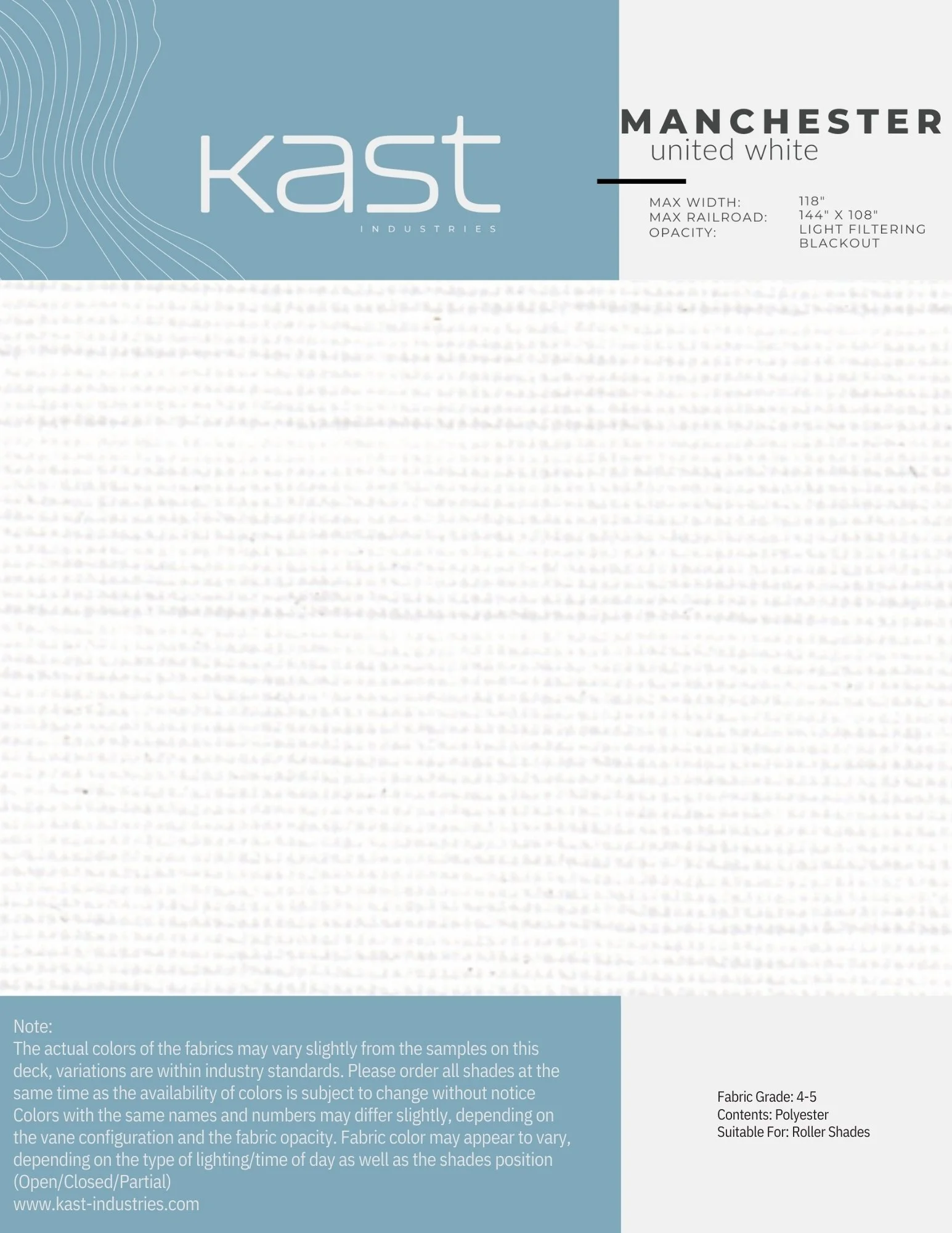 Sample fabric swatch with a light filtering blackout for roller shades, labeled as Manchester United White, size 118 inches max width, 144x108 inches max railroad, fabric grade 4-5, made of polyester.
