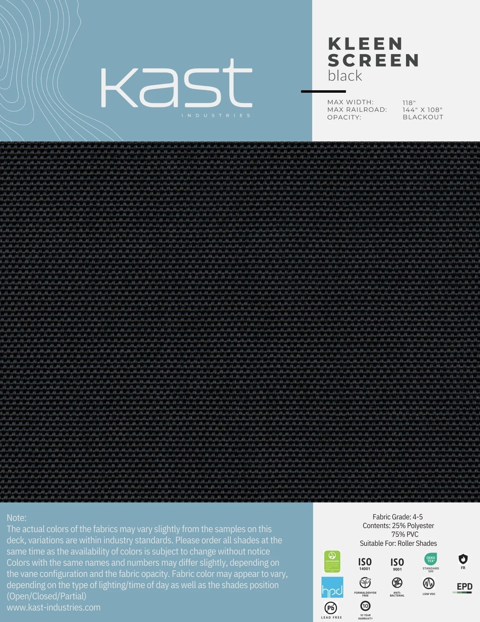 Close-up of black mesh fabric from Kast Industries, labeled as a blackout outdoor roller shade.