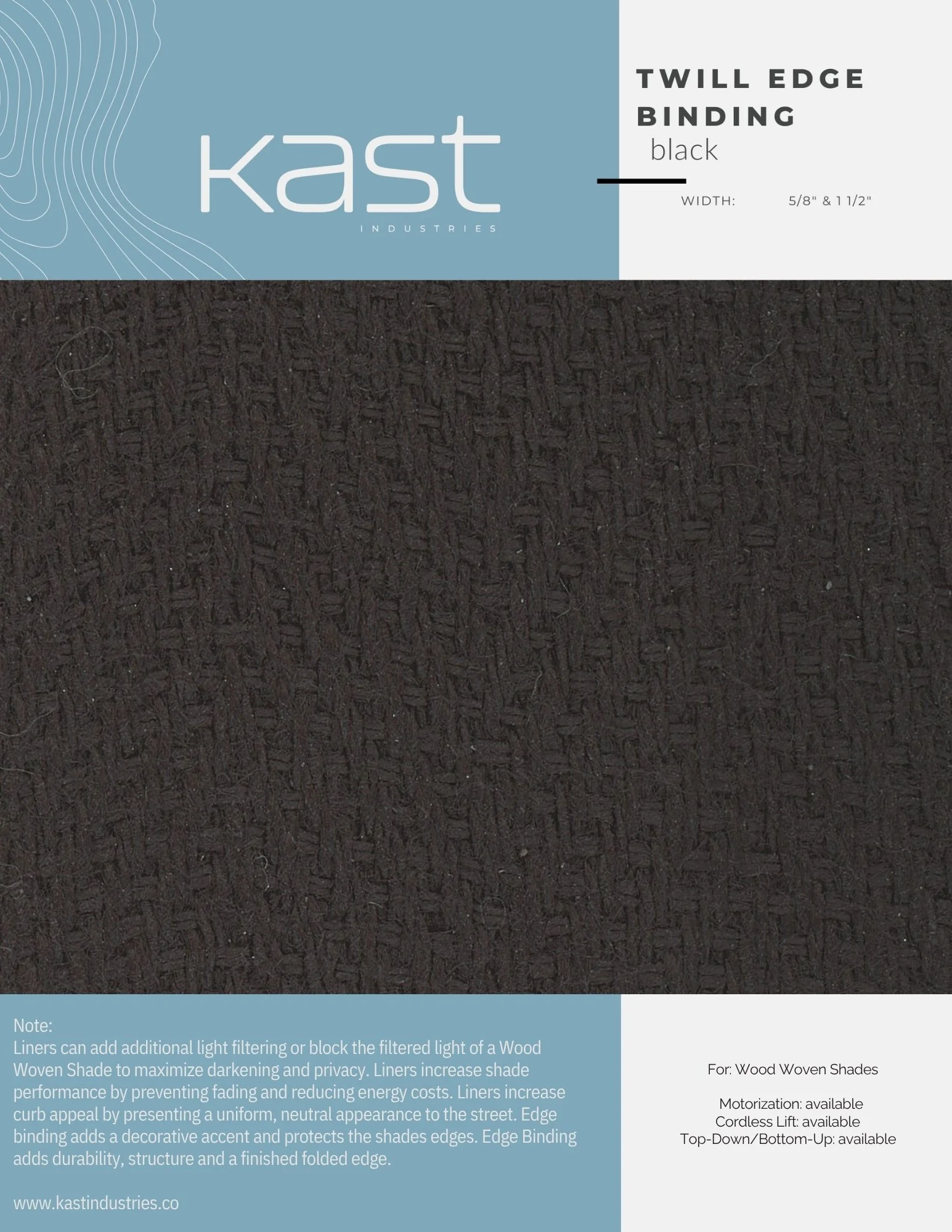 Packaging for Kast Industries Twill Edge Binding in black, with dimensions 5/8 inch and 1 1/2 inches, designed for wood woven shades, featuring a black woven texture.