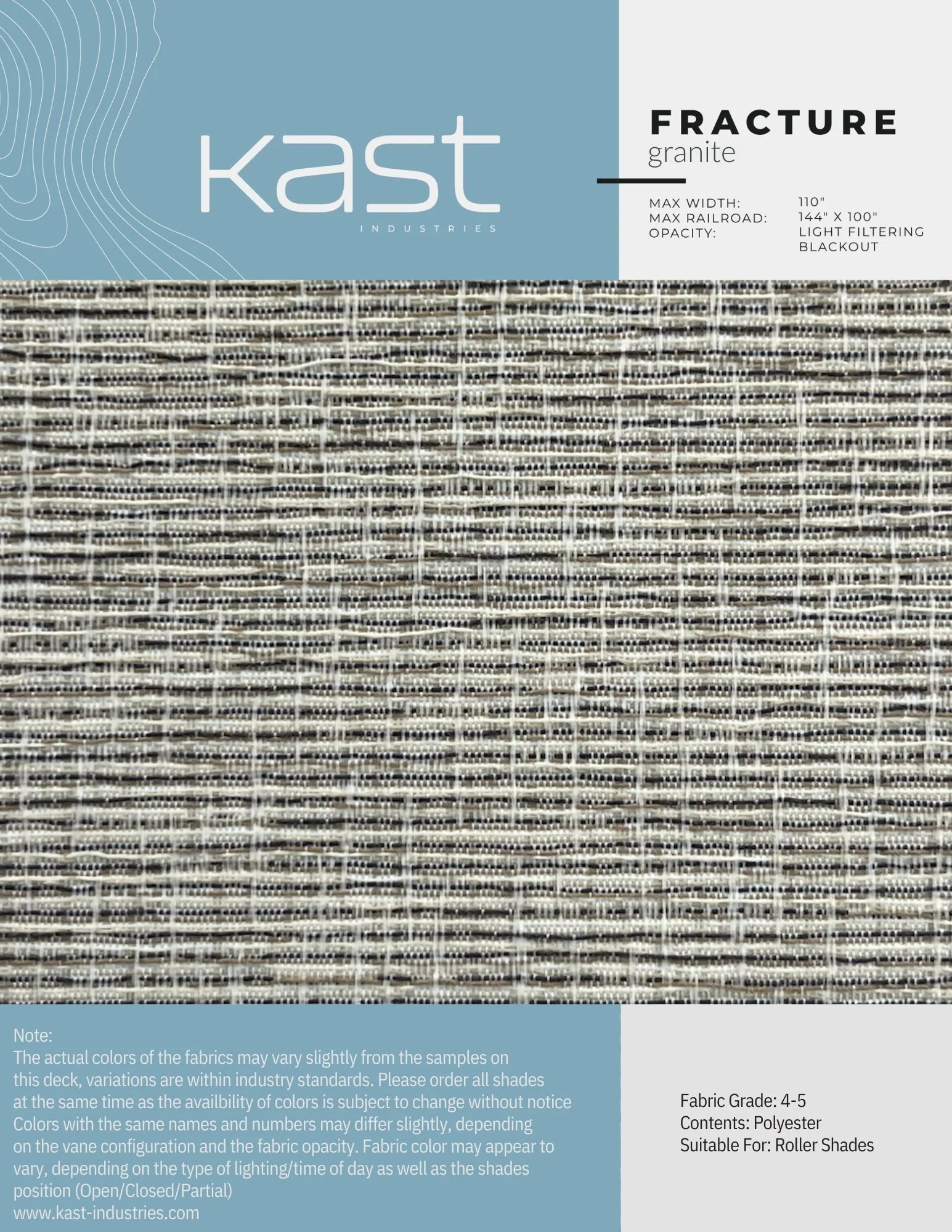 Close-up of fabric swatch labeled Kast Industries Fracture Granite, polyester material, suitable for roller shades.