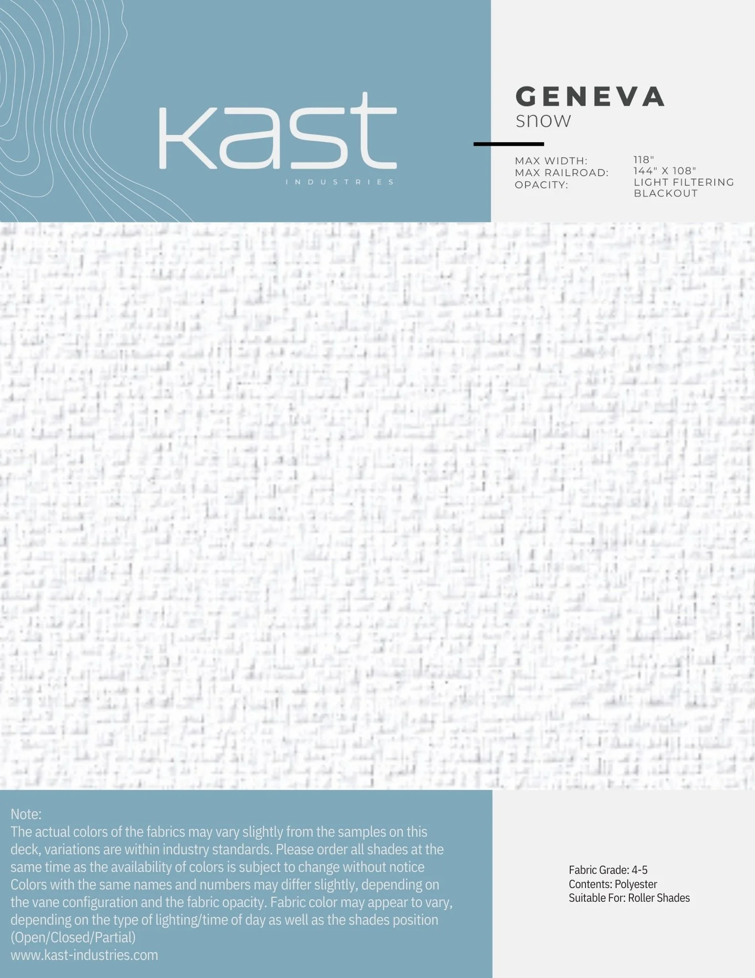 Packaging for Kast Industries Geneva Snow fabric, suitable for roller shades, with a max width of 118 inches, featuring a white textured pattern.