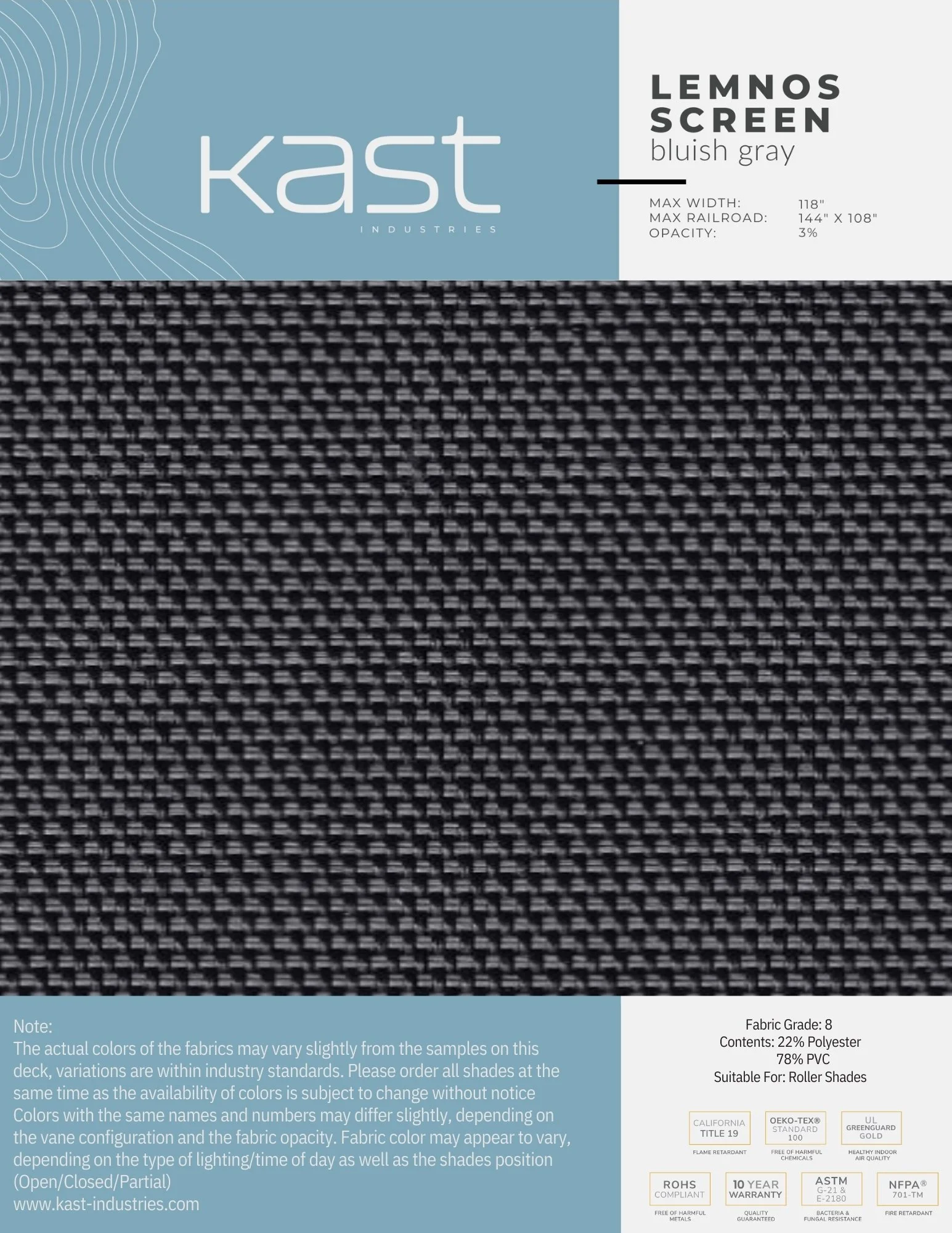 Sample swatch of bluish gray fabric called 'Lemnos Screen' from Kast Industries, made of 22% polyester and 78% PVC, suitable for roller shades, with a textured pattern