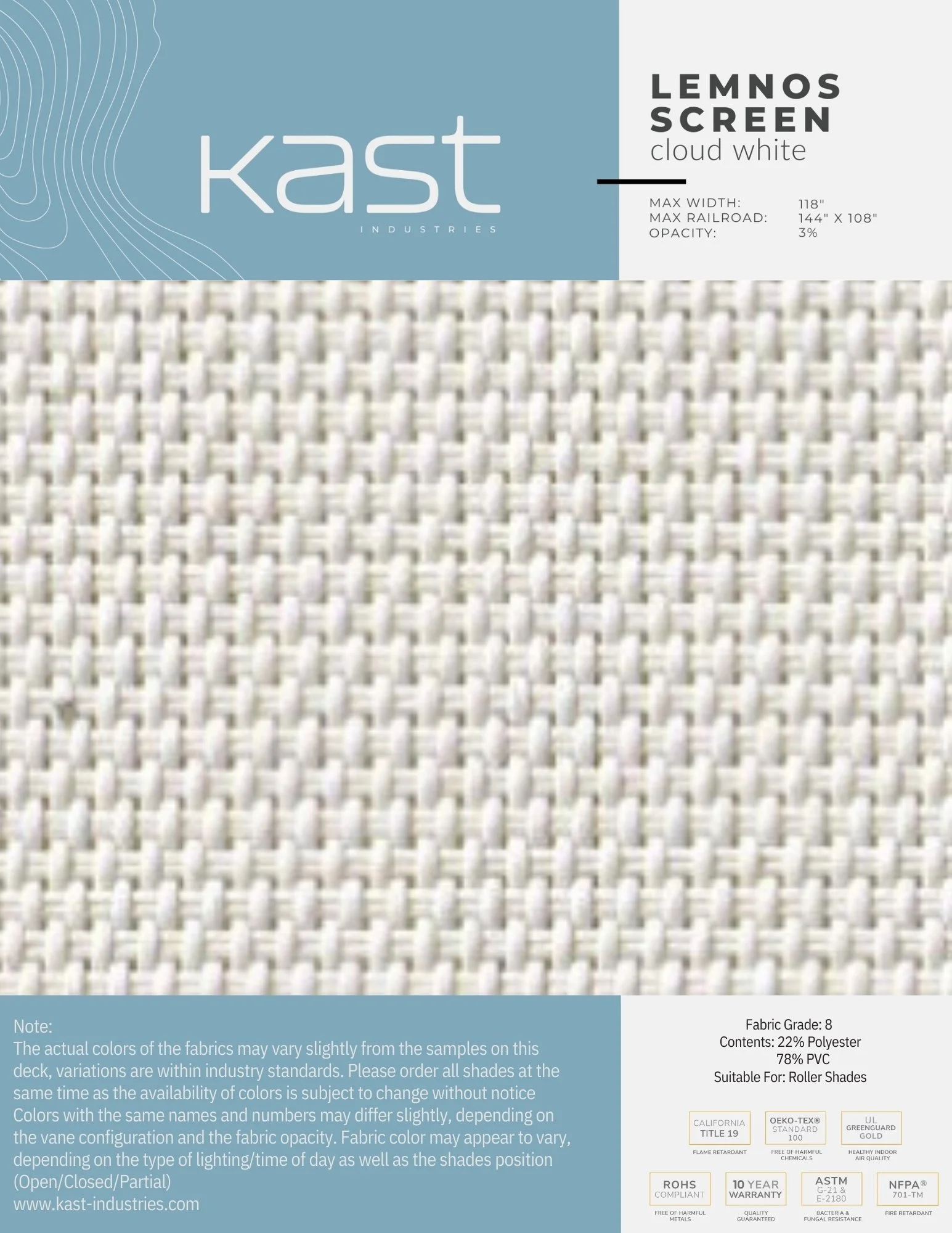 Sample fabric swatch named Lemnos Screen Cloud White from Kast Industries, with a white woven texture, and technical details on the packaging.