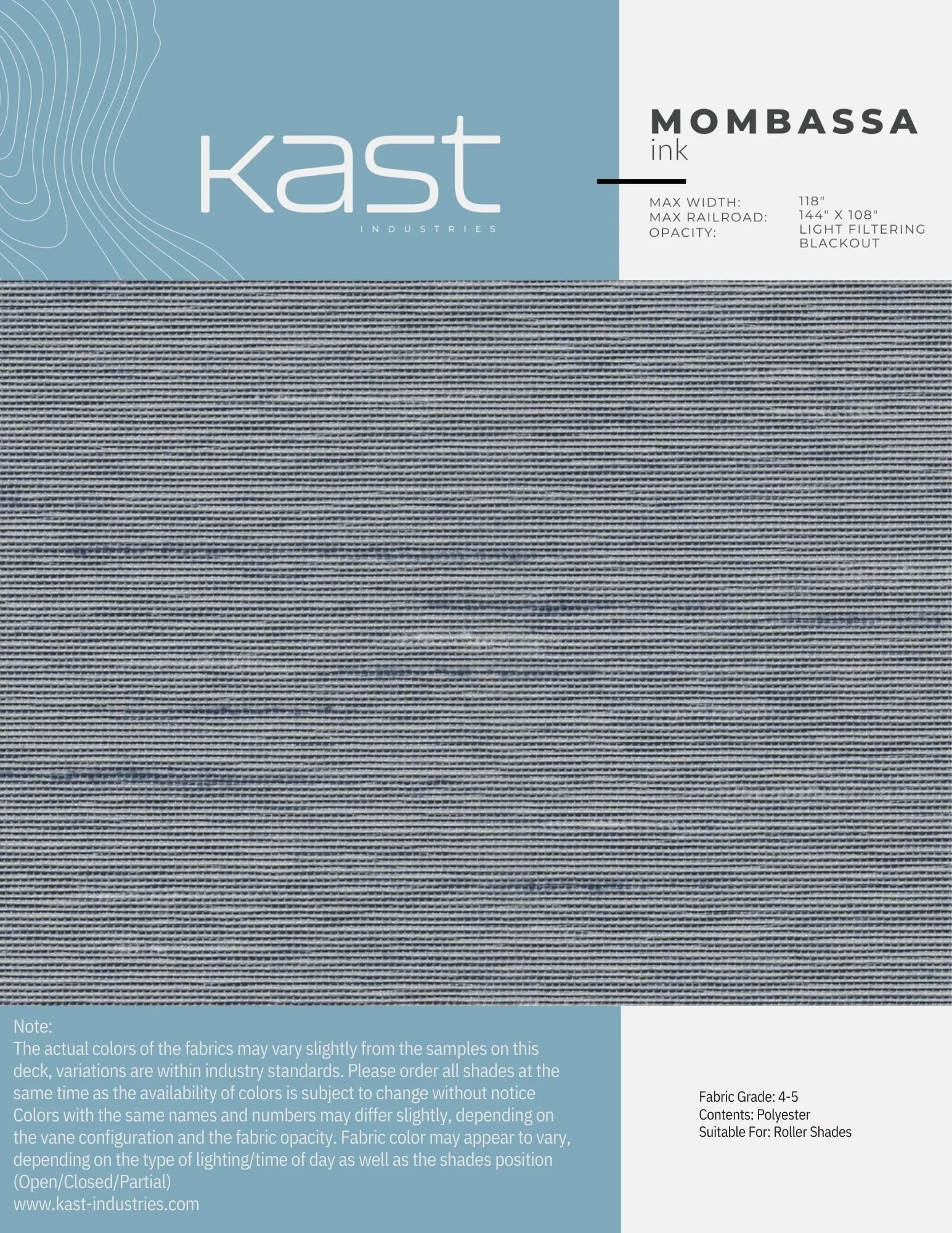 Sample of roller shade fabric in a light blue and gray pattern from Kast Industries, suitable for roller shades, with specifications and color notes.