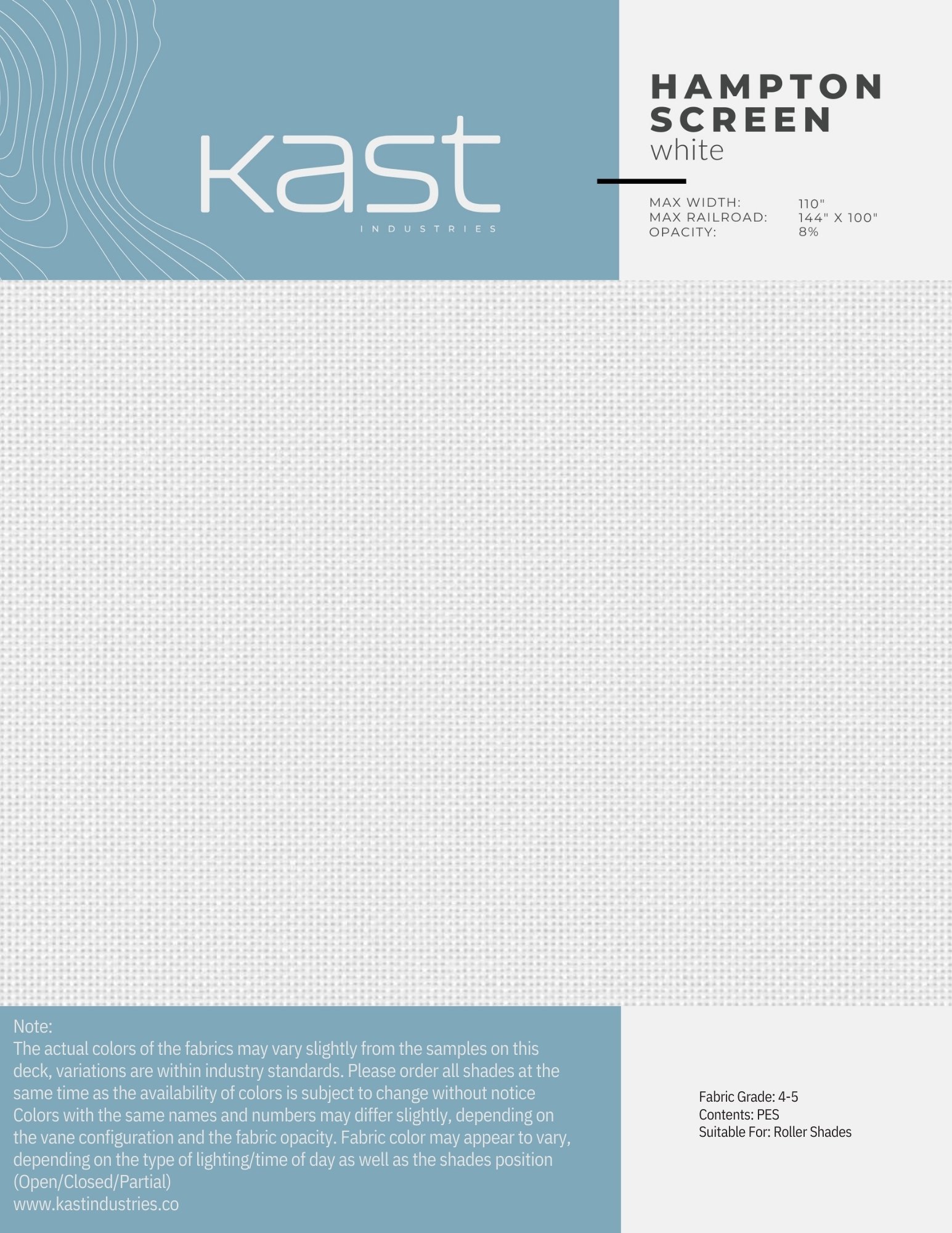 A package of white Hampton Screen fabric from Kast Industries, with specifications for maximum width and railroad, and notes about fabric color variation and usage.