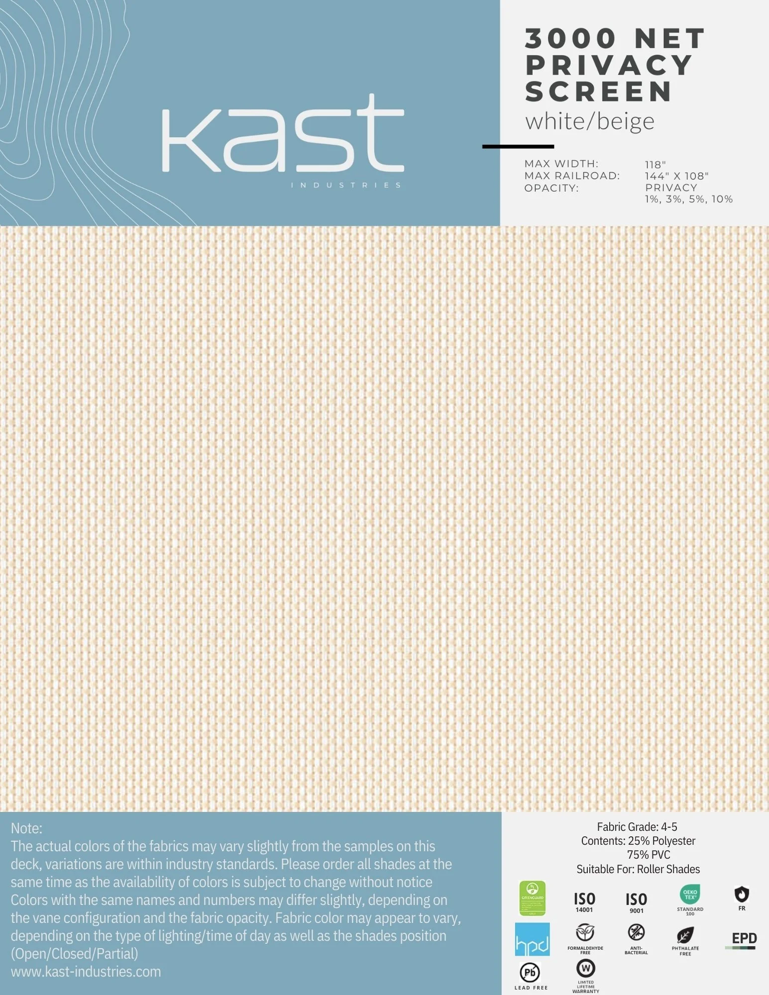 A sample of beige privacy screen fabric by Kast Industries, size 3000 NET, ideal for roller shades, made of 25% polyester and 75% PVC, with various opacity options.