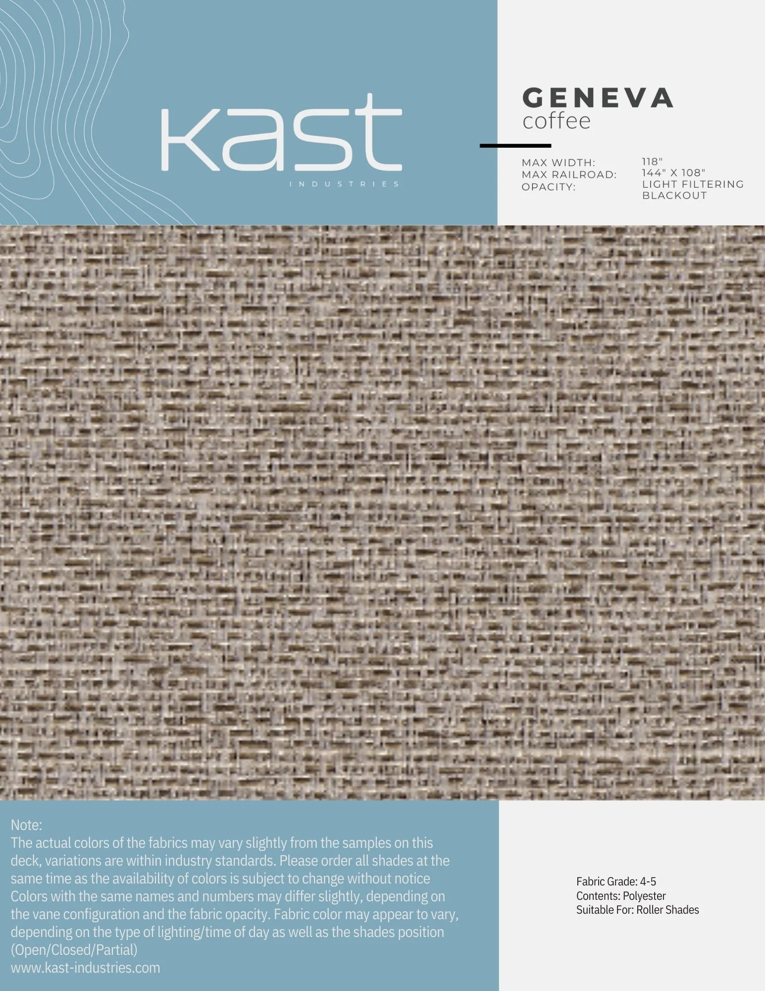 Sample swatch of Geneva coffee fabric by Kast Industries, showing light brown woven polyester suitable for roller shades.