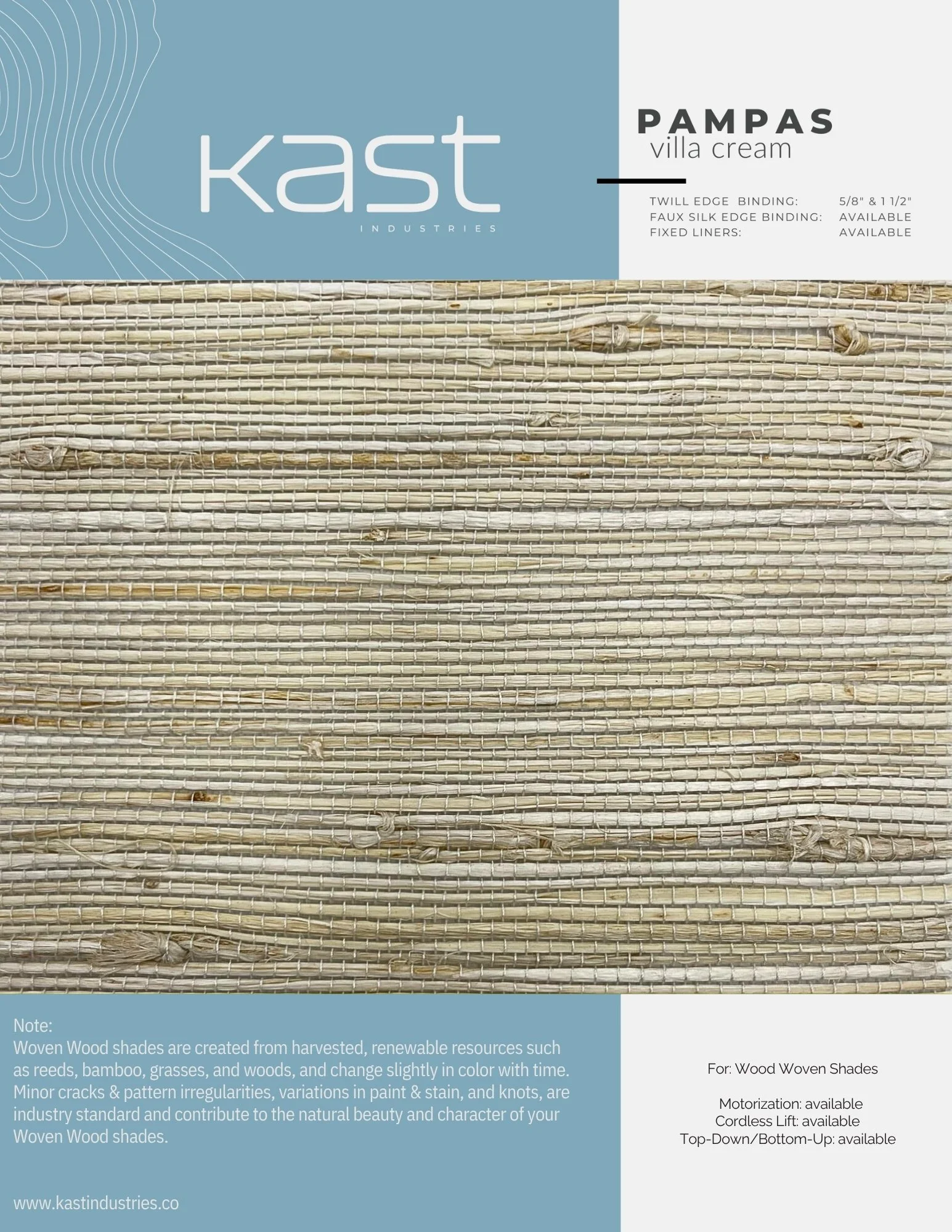 Packaging label for Kast Industries wood woven shades, modeled after Pampas Villa Cream. The label details the product's construction, available binding options, and features including motorization, cordless lift, and top-down/bottom-up functionality