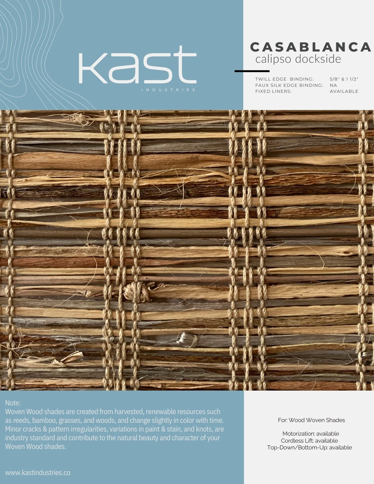 Close-up of woven wood shades with a blue and white label showing product information from Kast Industries.