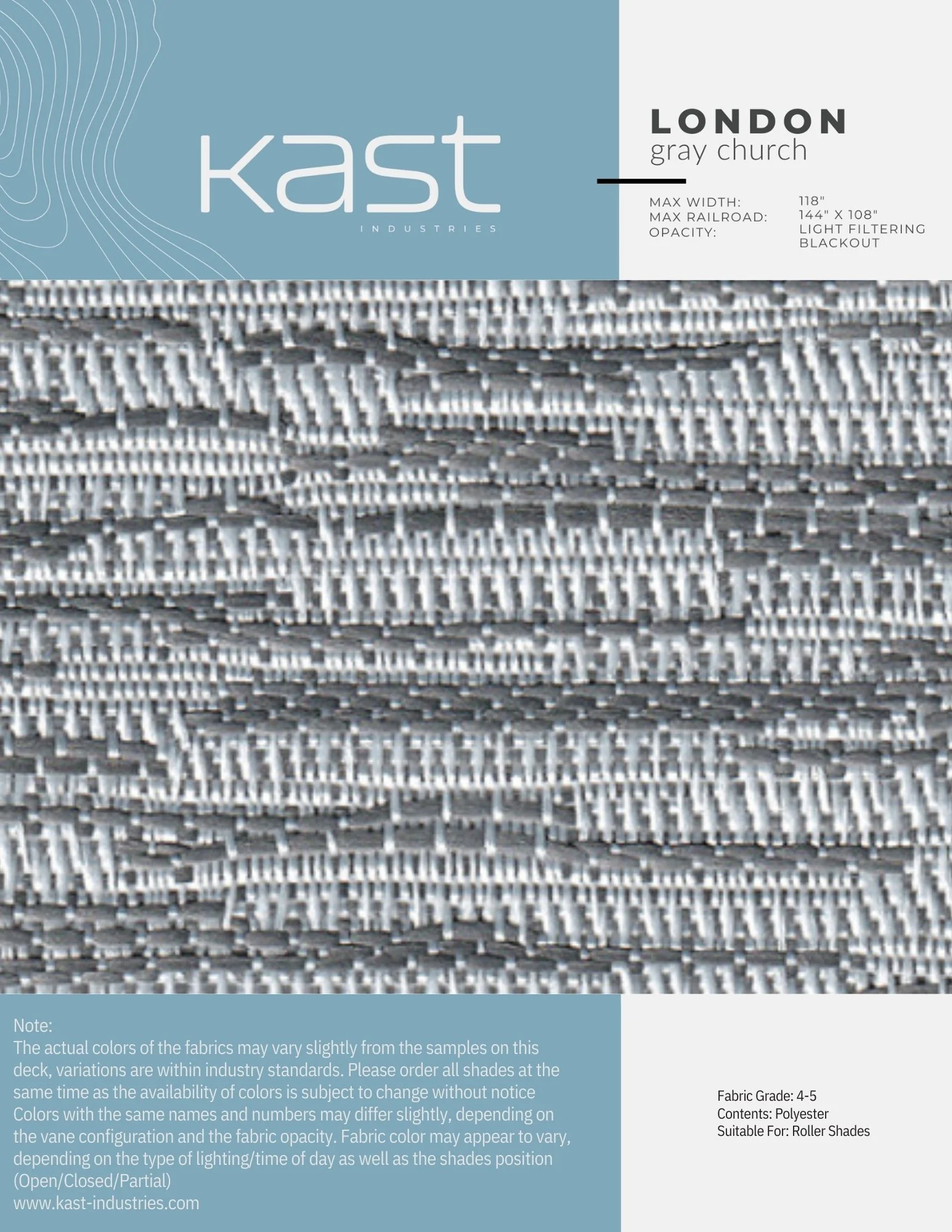 Close-up image of textured grey fabric samples, labeled as Kast Industries London Gray Church, intended for roller shades with a fabric grade of 4-5, made of polyester, suitable for light filtering blackout.
