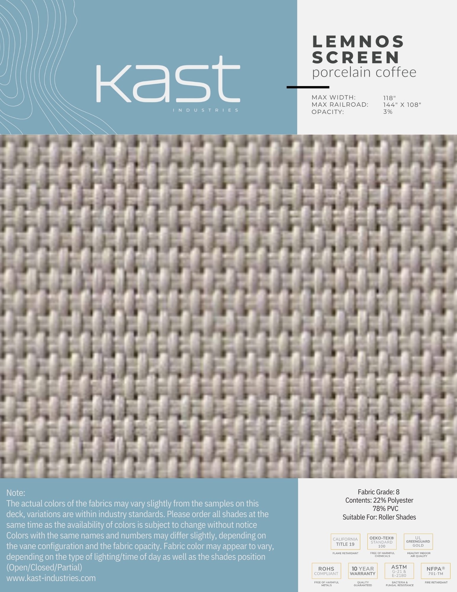 Sample of woven fabric with a beige and light gray pattern for a roller shade, with packaging info for Kast Industries' Lemnos Screen porcelain coffee fabric.