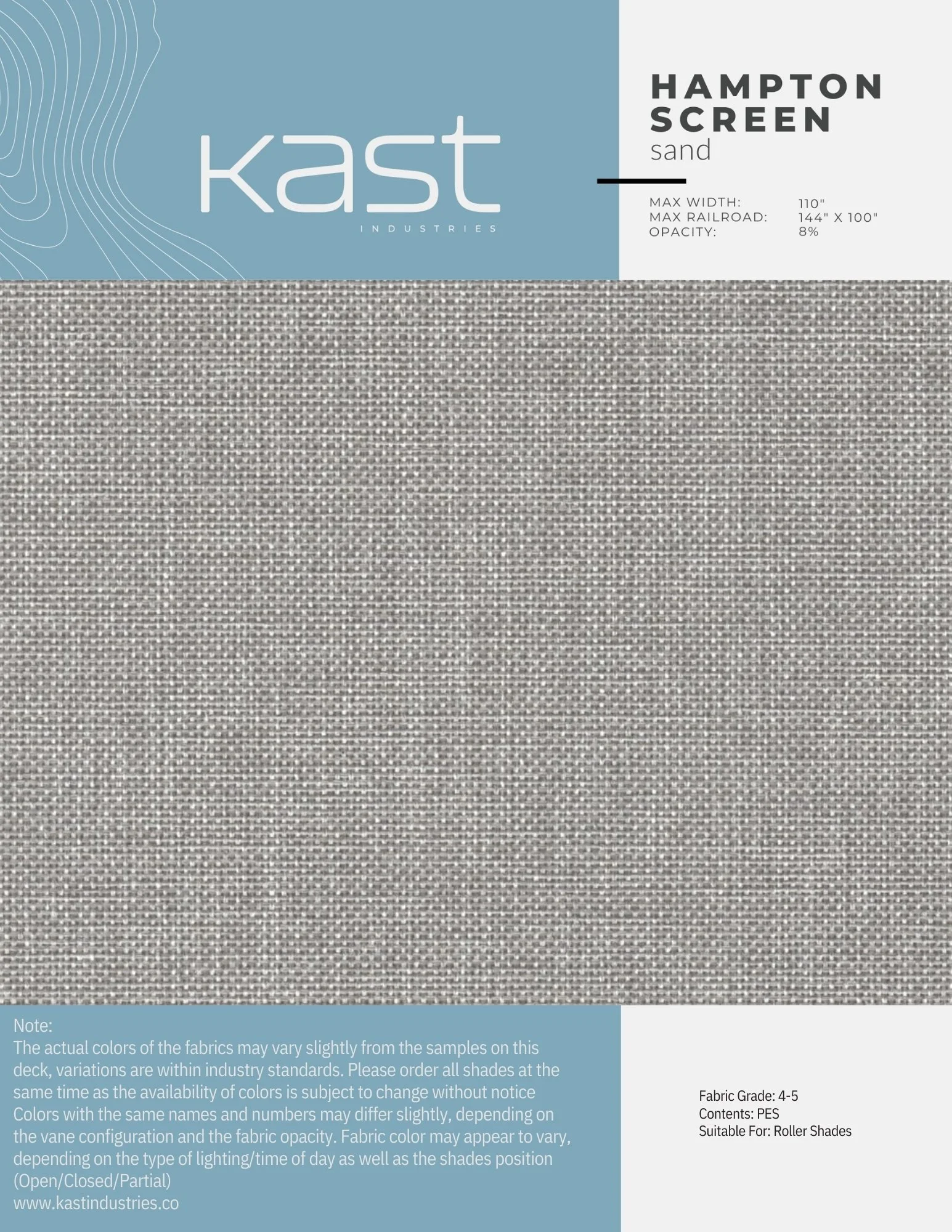 Sample swatch of Hampton Screen sand-colored fabric designed for roller shades, with a textured, woven appearance.