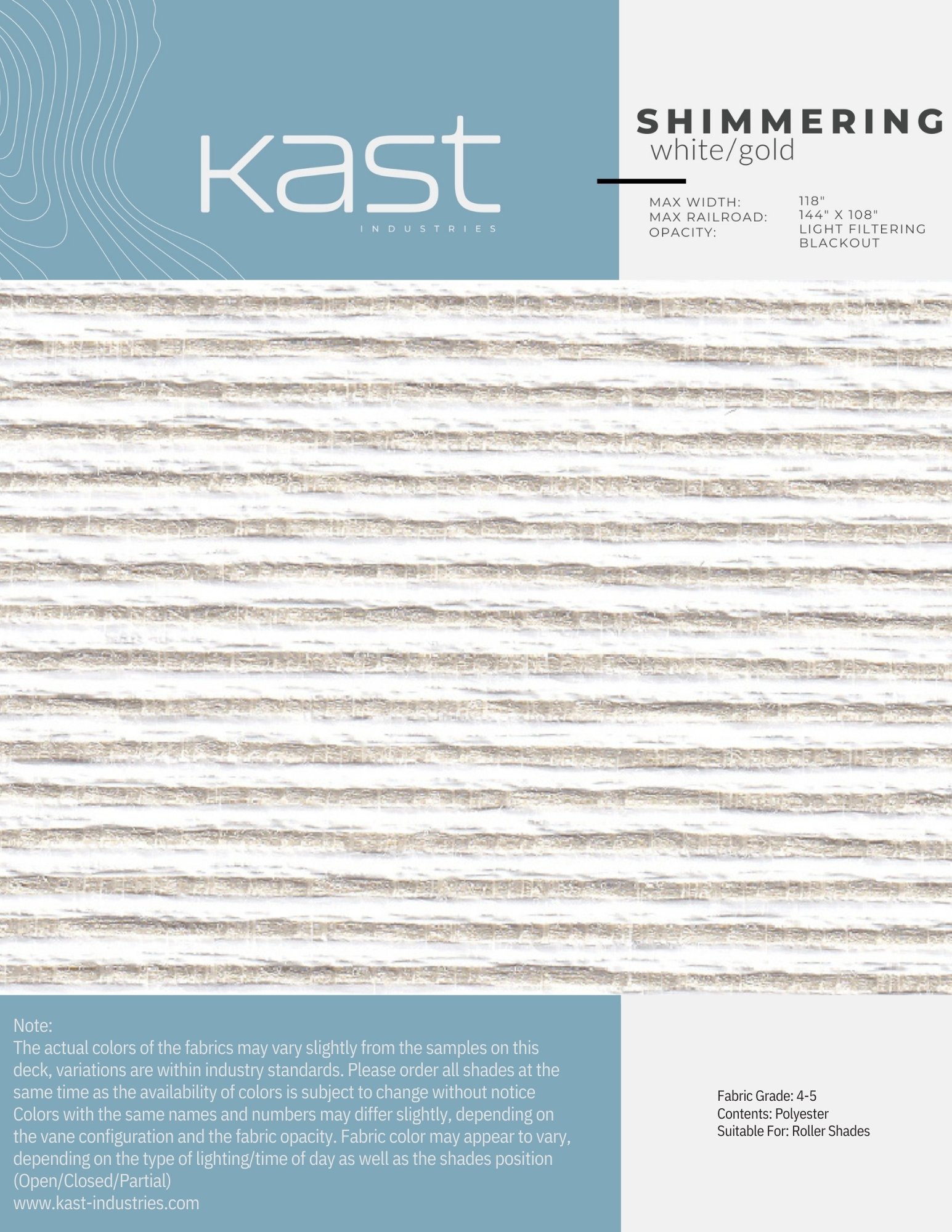 Close-up of a textured, shimmering white and gold fabric with horizontal lines, part of packaging for Kast Industries' light-filtering blackout roller shades.