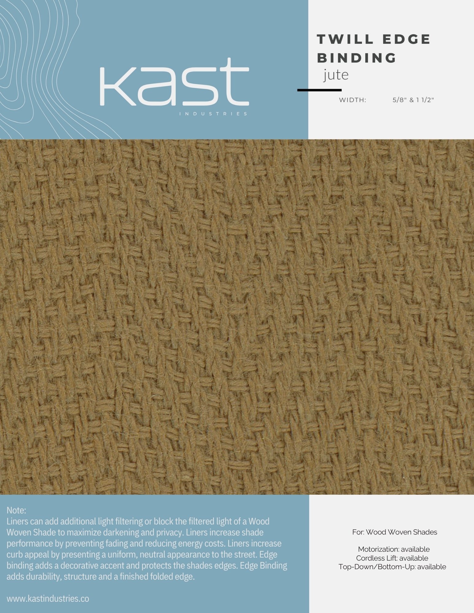Close-up of a woven wood shade with a label indicating it's for wood woven shades, made by Kast Industries, with a twill edge binding, and a note about the features and options.