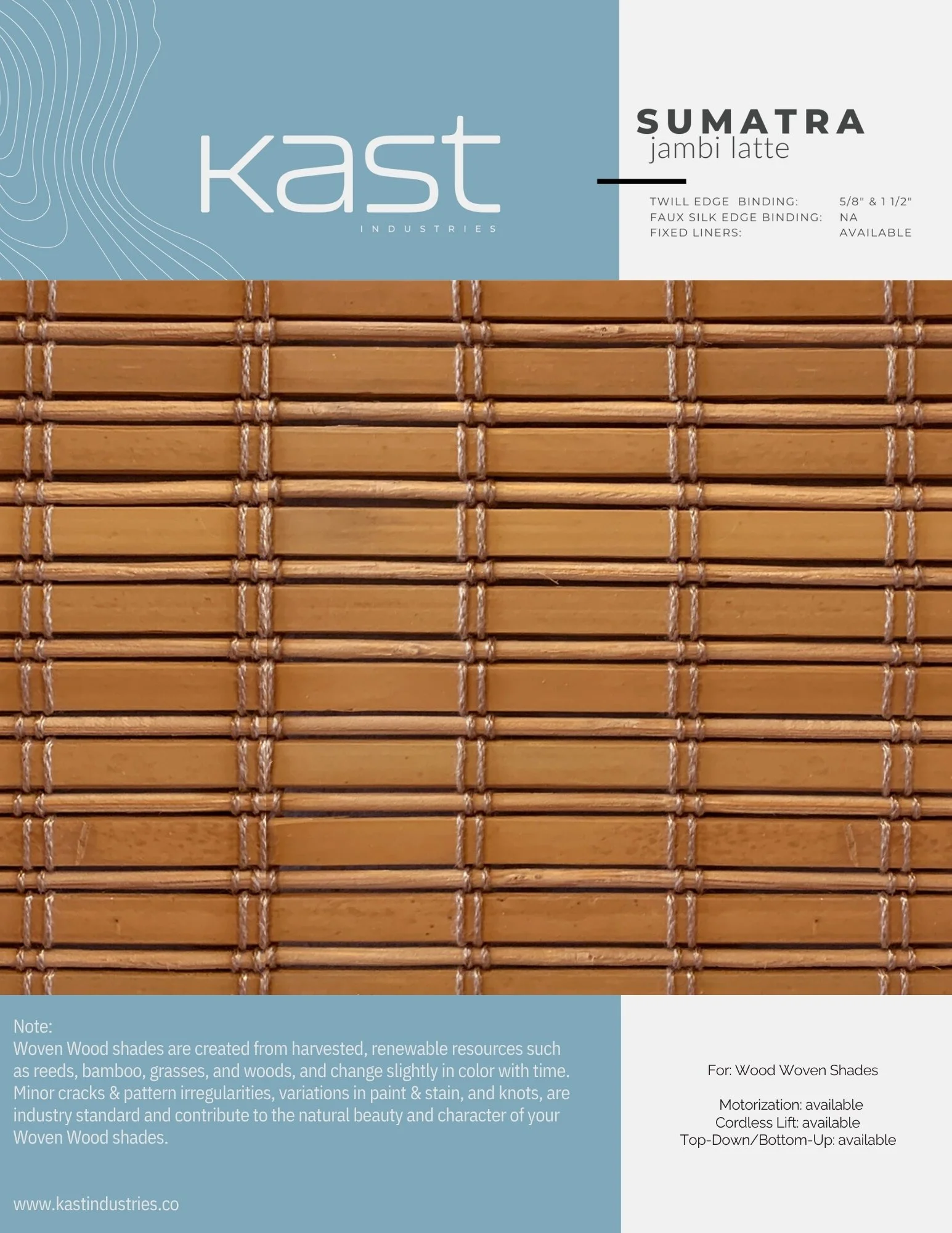 A packaged bamboo or wood window blind with a blue label from Kast Industries, called Sumatara Jambi Latte, showing the woven wood shade. The package mentions that the natural shades are made from renewable resources and highlights features like moto