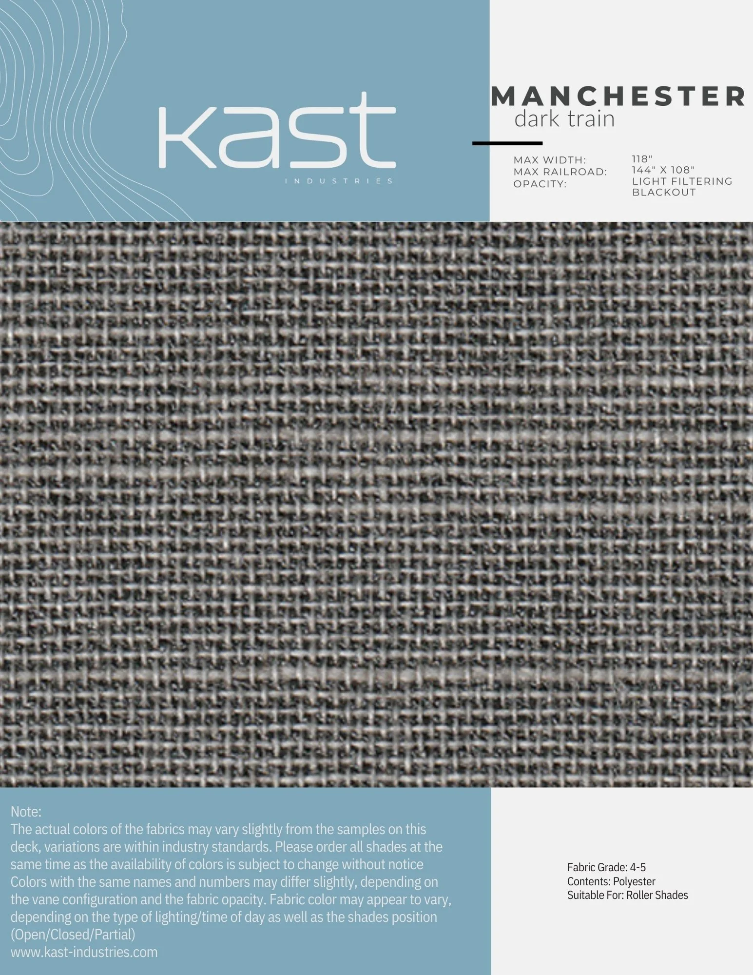 Close-up of textured dark gray roller shade fabric called Manchester by Kast Industries, suitable for roller shades, with a pattern of small woven squares.