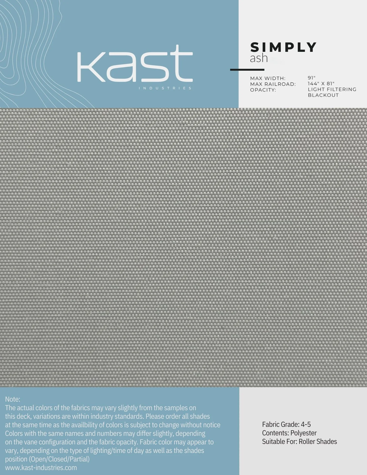 Sample swatch of light gray polyester fabric used for roller shades with a textured pattern.