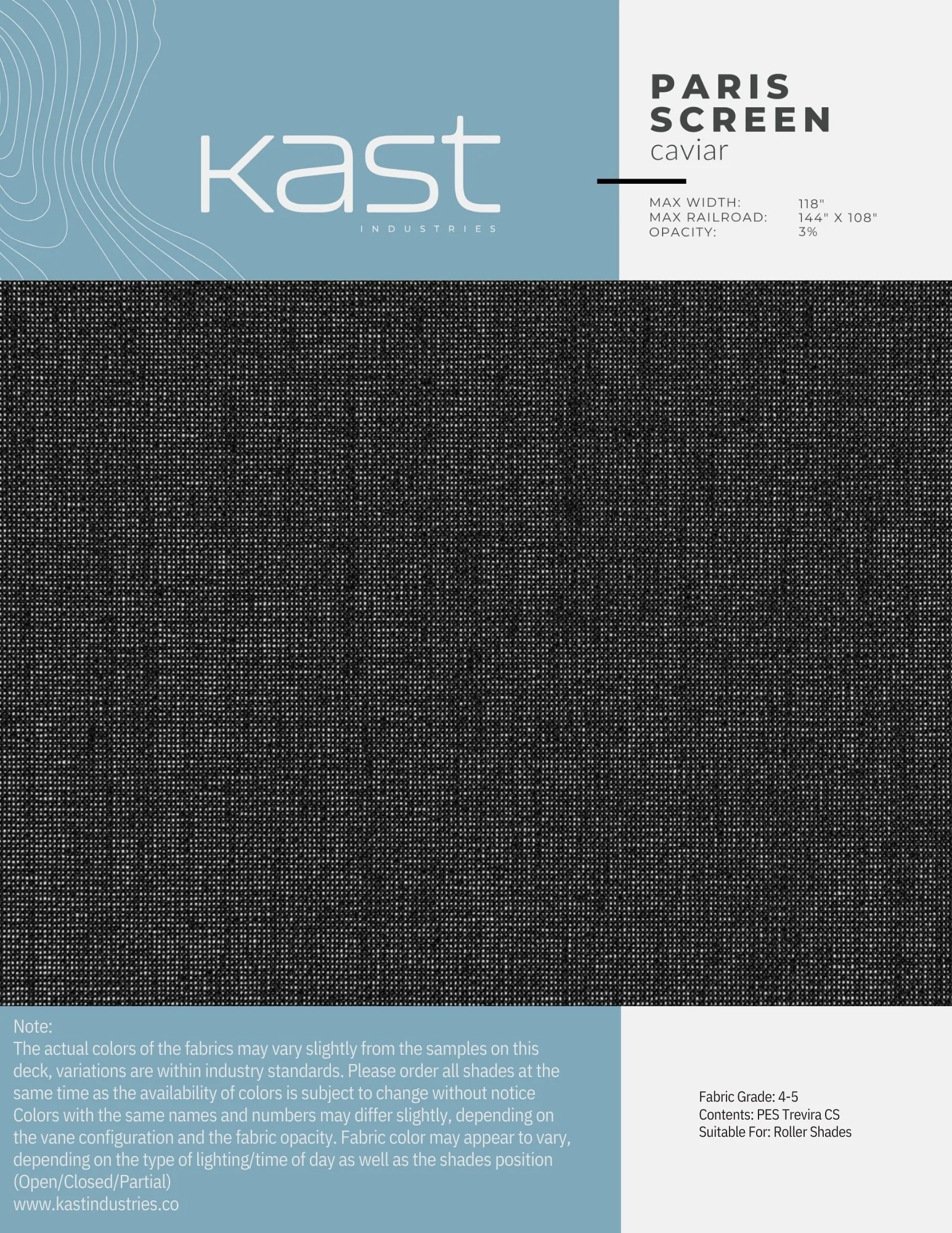 Close-up view of a black perforated fabric sample with a blue label on top, indicating it is Kast Industries' Paris Screen Caviar fabric, suitable for roller shades.