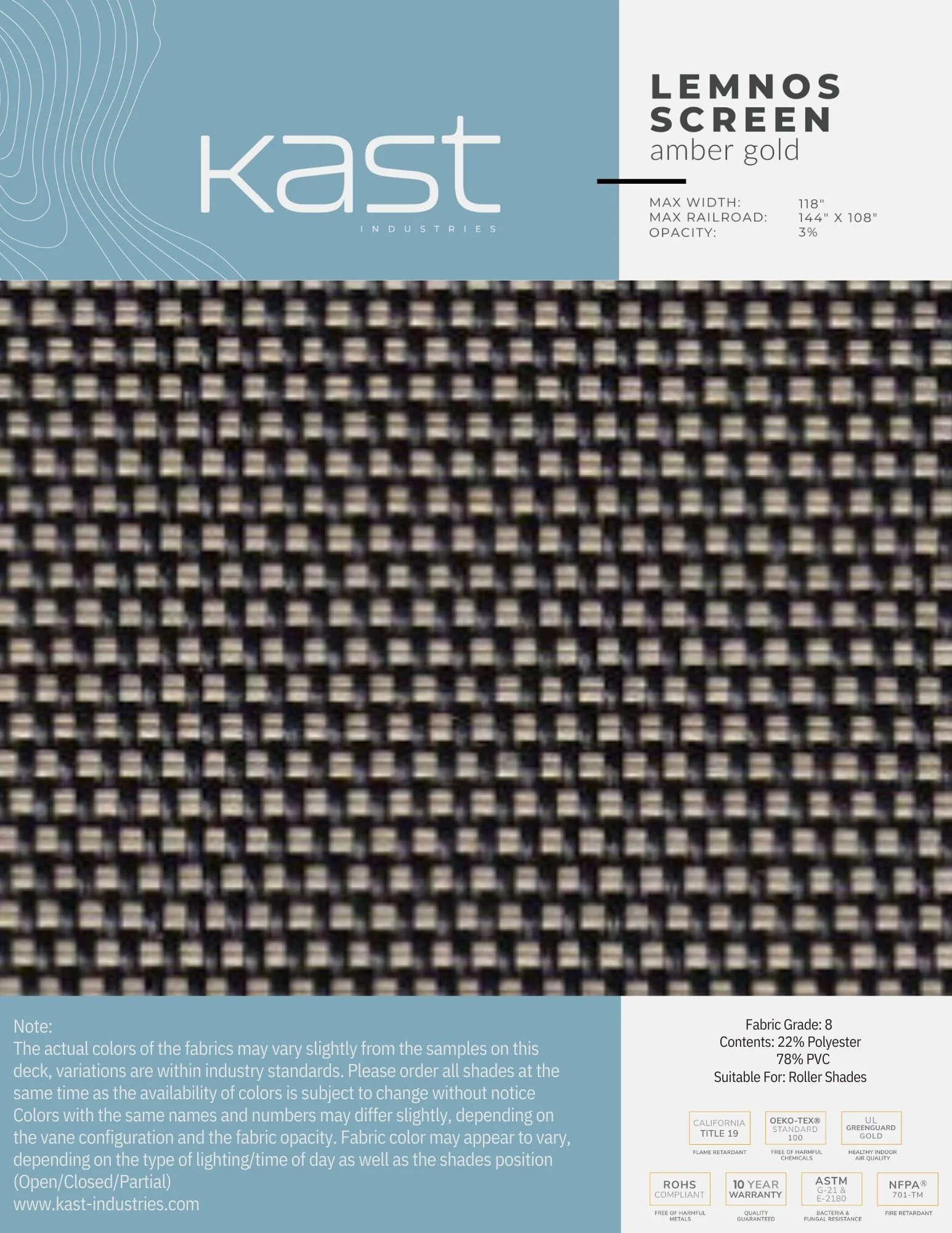 Close-up of a fabric sample labeled as 'Lemnos Screen Amber Gold' by Kast Industries, showing a black and beige checkered pattern designed for roller shades.