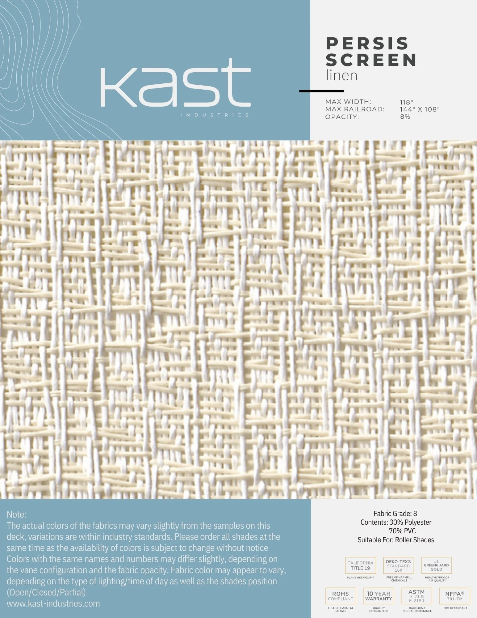 Close-up of a textured fabric sample of linen material called Persis Screen by Kast Industries. The fabric is light-colored with a woven pattern of interlaced plastic and polyester fibers, suitable for roller shades.