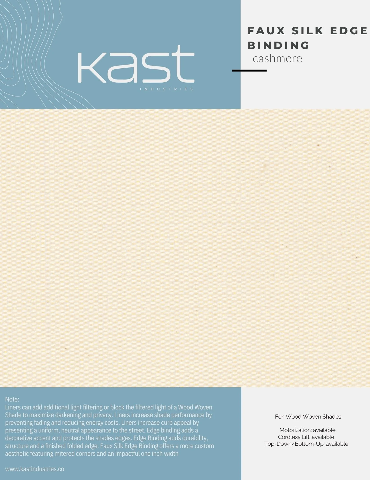 Packaging for Kast Faux Silk Edge Binding Cashmere fabric, with product details and features listed on the front.
