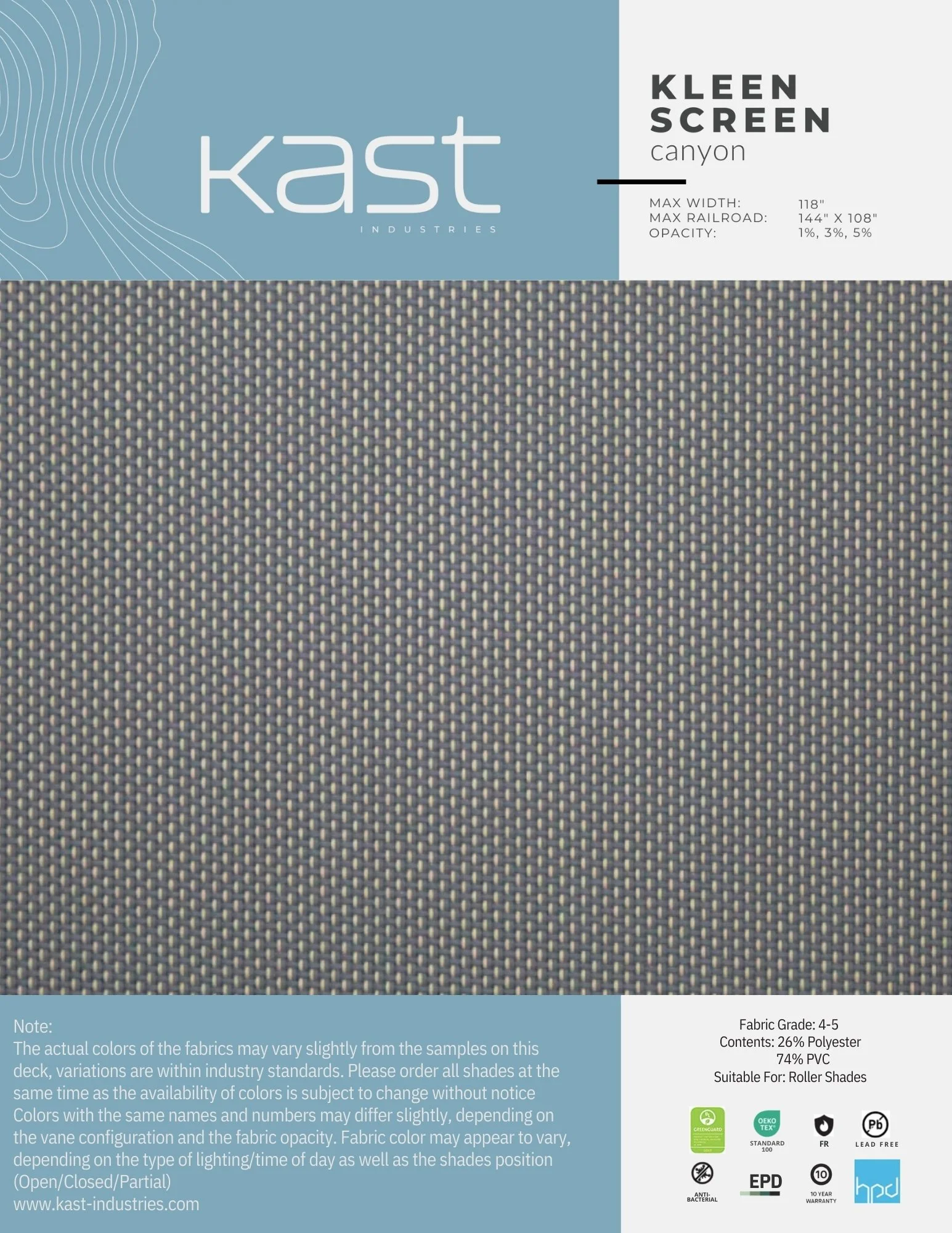 A sample fabric swatch called Kleen Screen Canyon from Kast Industries, with a fine textured pattern in beige and dark gray, suitable for roller shades.