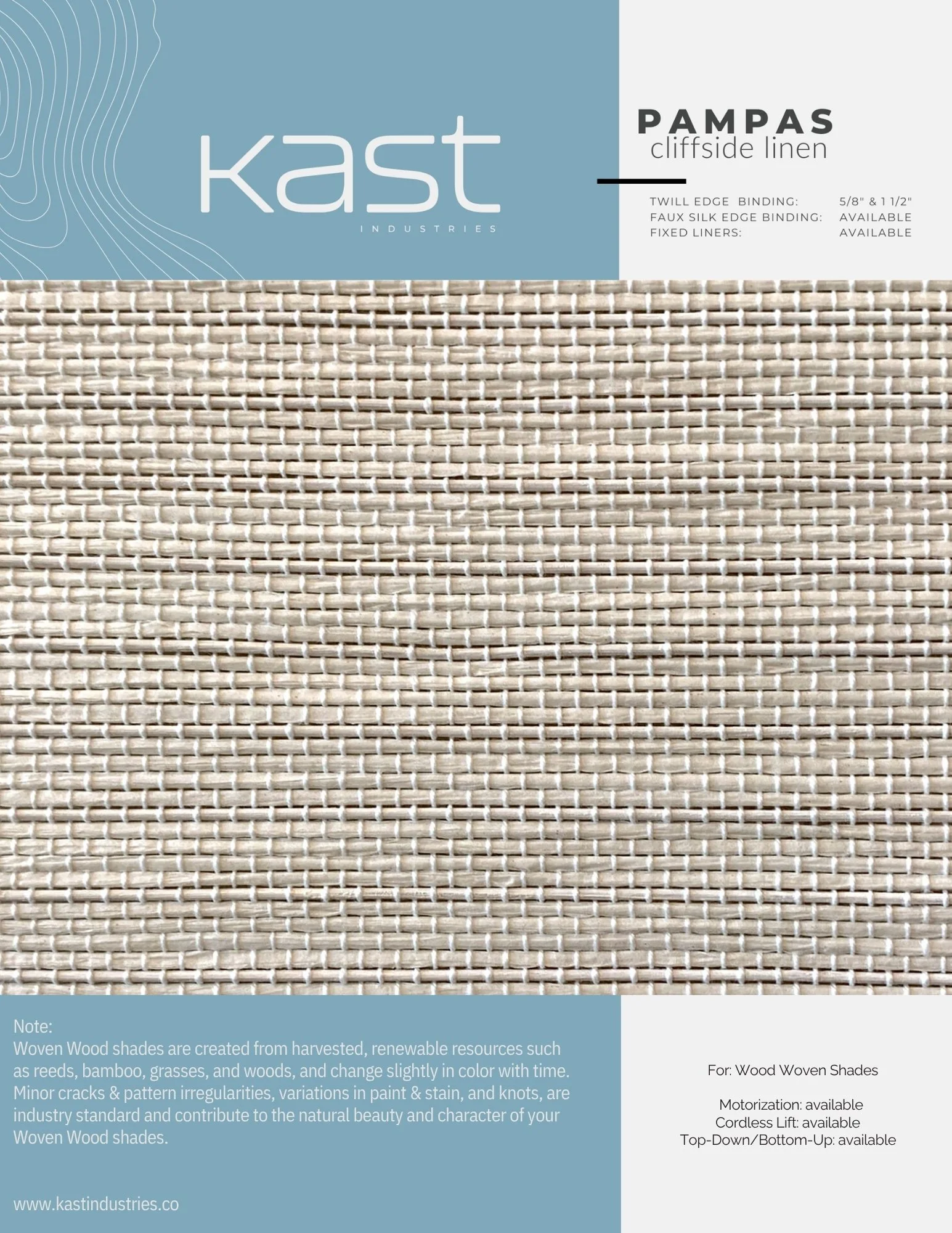 Packaging label for Kast Industries' Pampas Cliffside Linen woven wood shade, featuring a light beige woven wood pattern, with product details and website information.