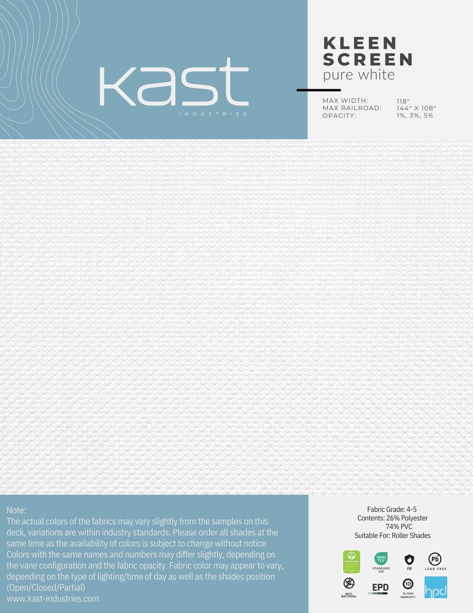 Packaging for Kast Industries white fabric roll, labeled 'Kleen Screen pure white' with specifications for width, raiload, and opacity, featuring icons for fabric standards and certification.