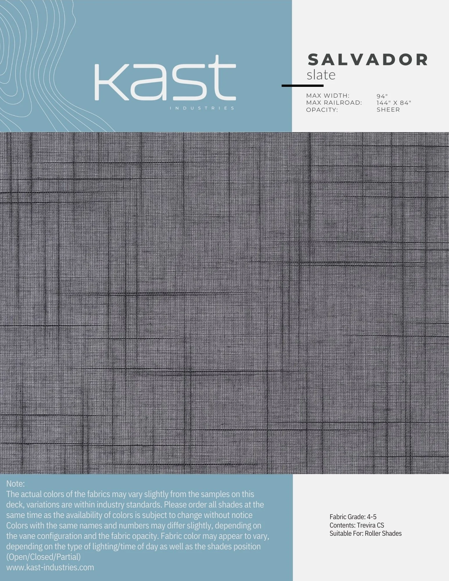Fabric sample sheet with a gray, plaid pattern labeled 'Salvador slate,' produced by Kast Industries, suitable for roller shades, with specifications for width, railroad maximum, and opacity.
