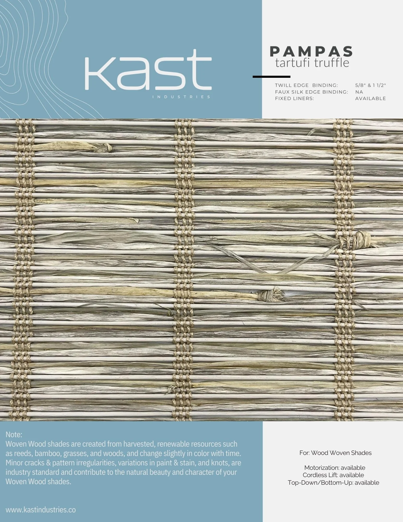 Close-up of a woven wood shade made from harvested natural resources like reeds, bamboo, grasses, and woods, with a note about its features and materials.