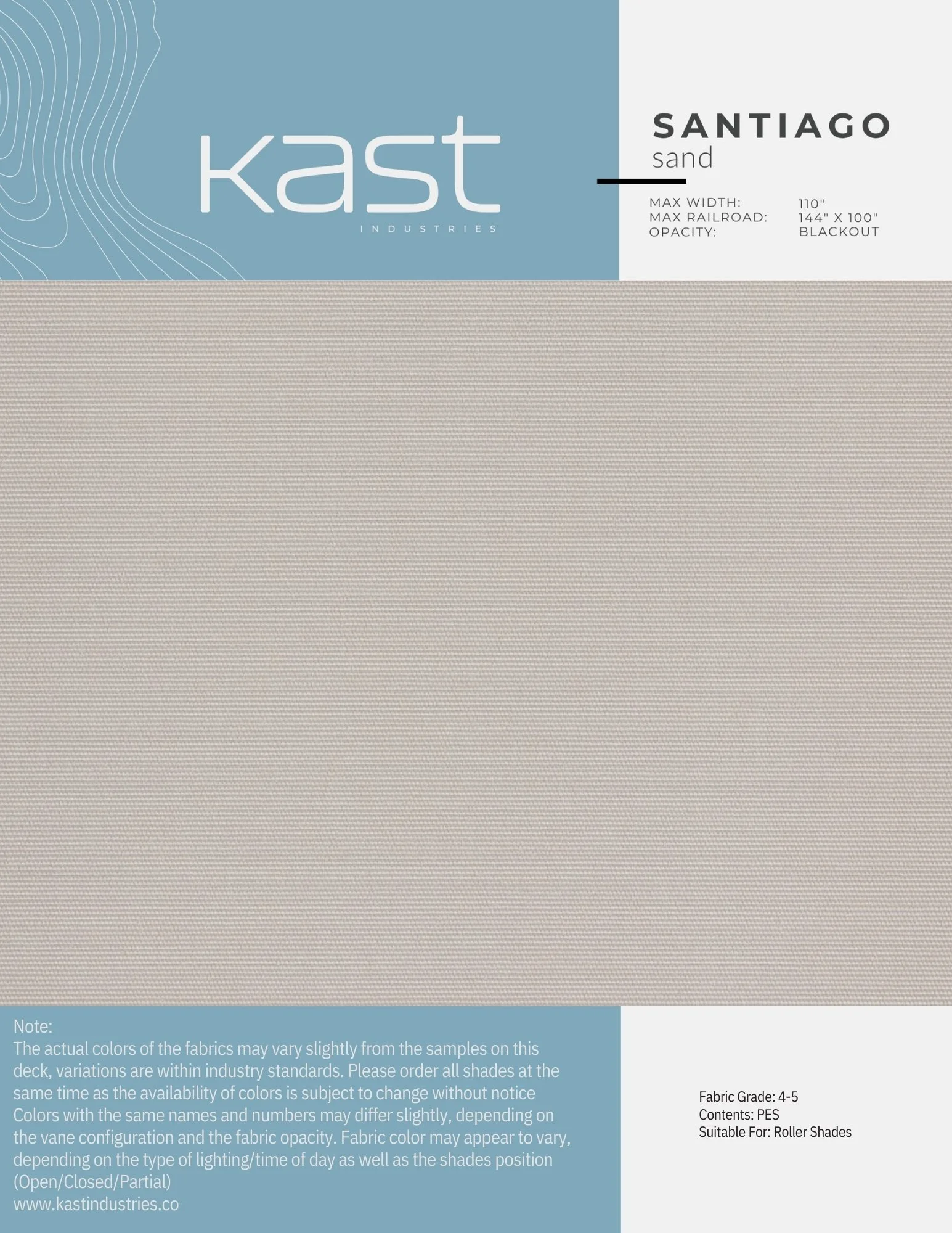 Sample fabric swatch labeled Santiago sand with a beige, textured weave, from Kast Industries, intended for roller shades.
