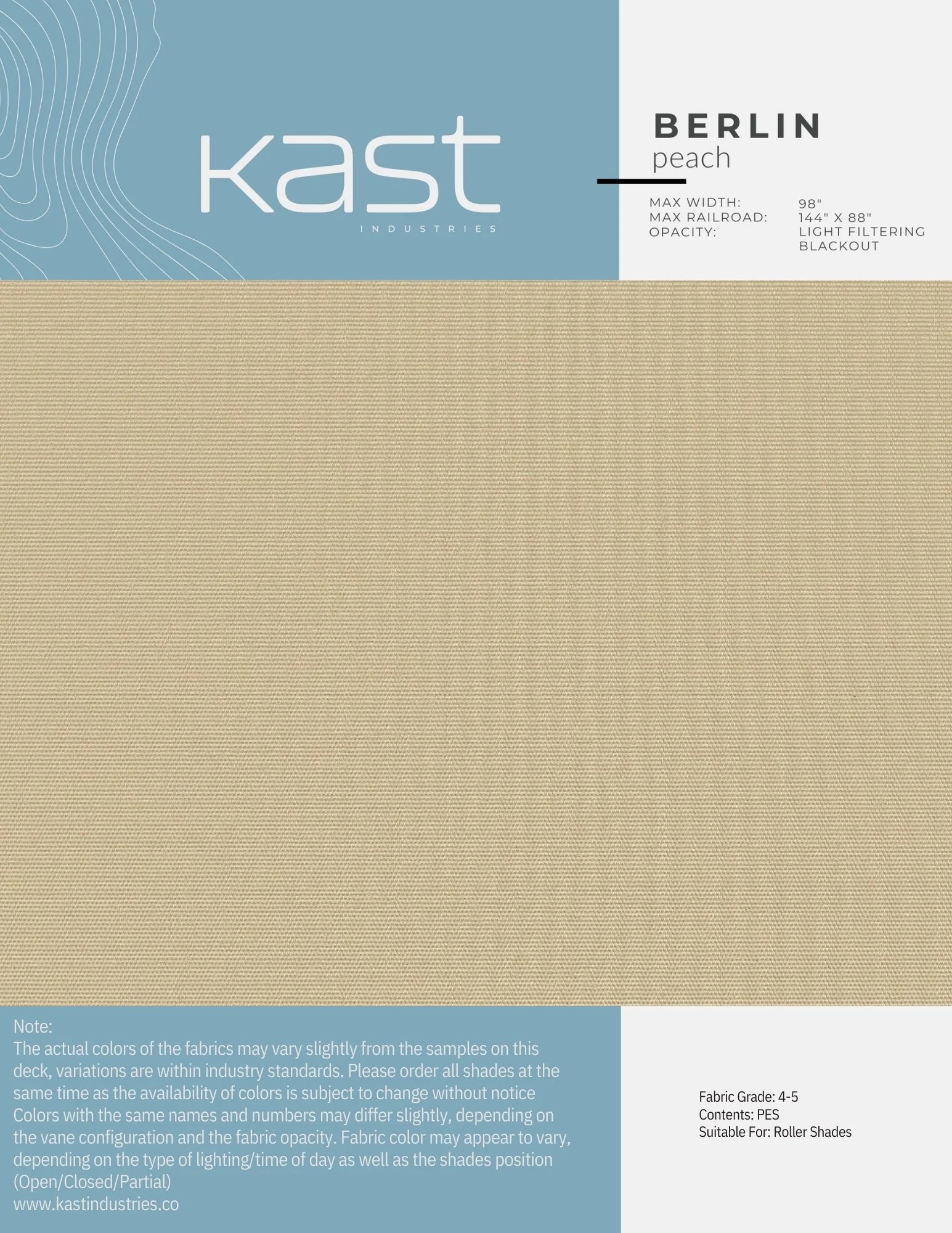 Beige textured outdoor roller shade fabric sample from Kast Industries called Berlin peach, with specifications for width, railroad, opacity, and color details.