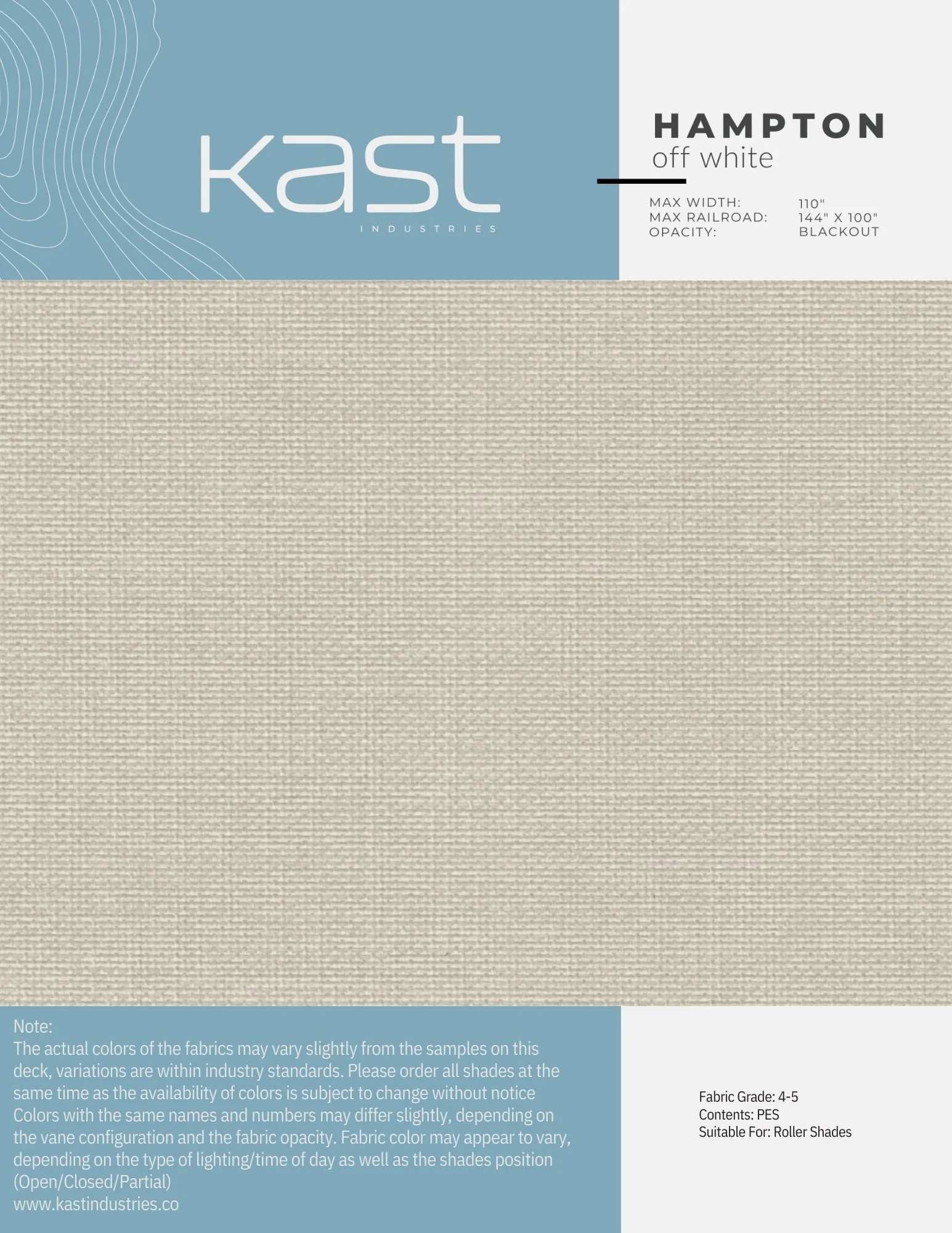 A sample fabric swatch card for Kast Industries' Hampton off white roller shade material. The fabric is light beige with a textured weave, and the packaging includes product details such as maximum width, max rail width, opacity, and fabric grade.