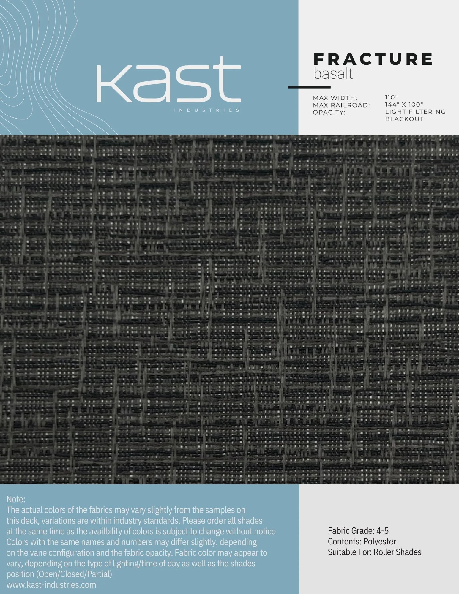 Close-up image of a fabric sample panel for roller shades by Kast Industries, featuring a dark, textured, woven textile called 'Fracture Basalt' with a fabric grade of 4-5, suitable for light filtering blackout roller shades.