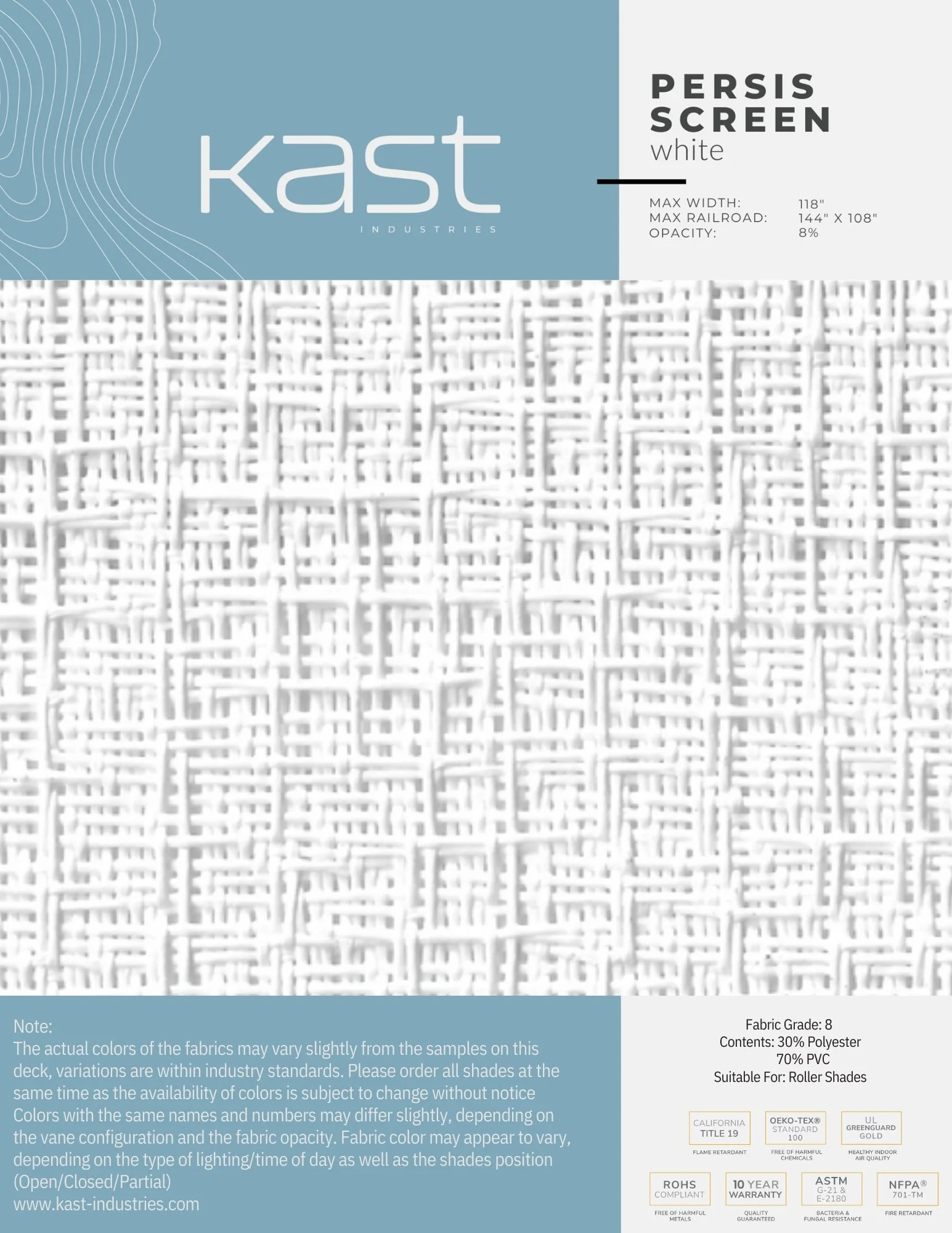 Packaging for Kast Industries Persis Screen white fabric, with details about size, material, suitability for roller shades, and safety standards.