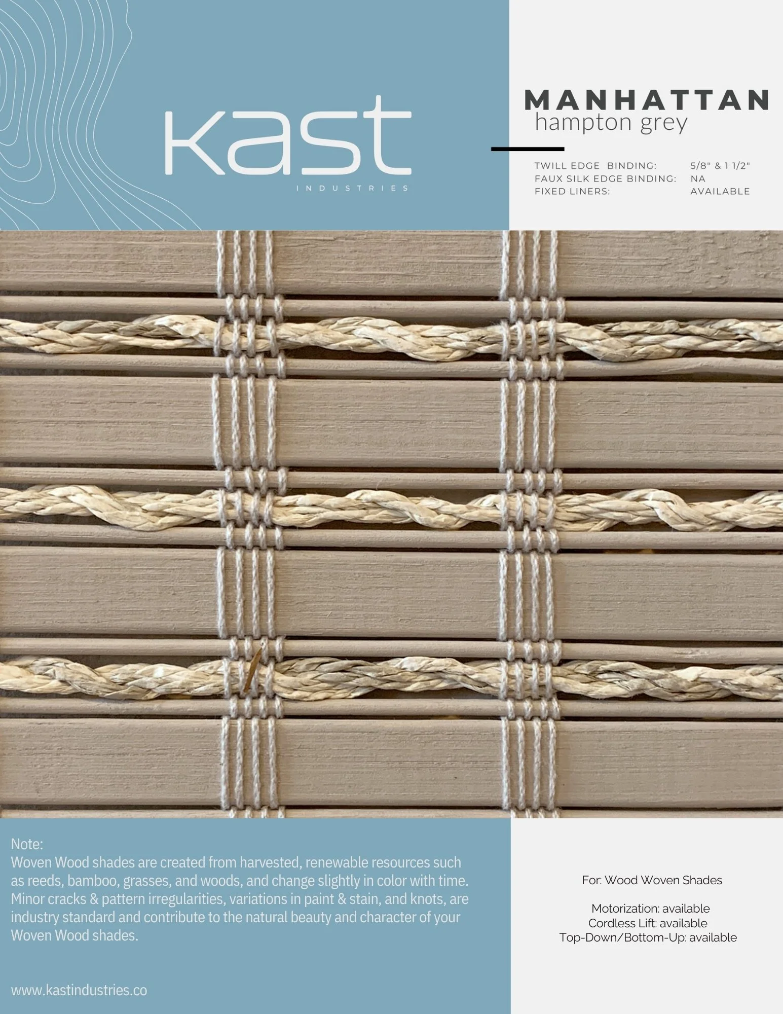 Display of Manhattan Hampton Grey woven wood shades with a close-up view of the fabric and cords, showing the pattern and texture.