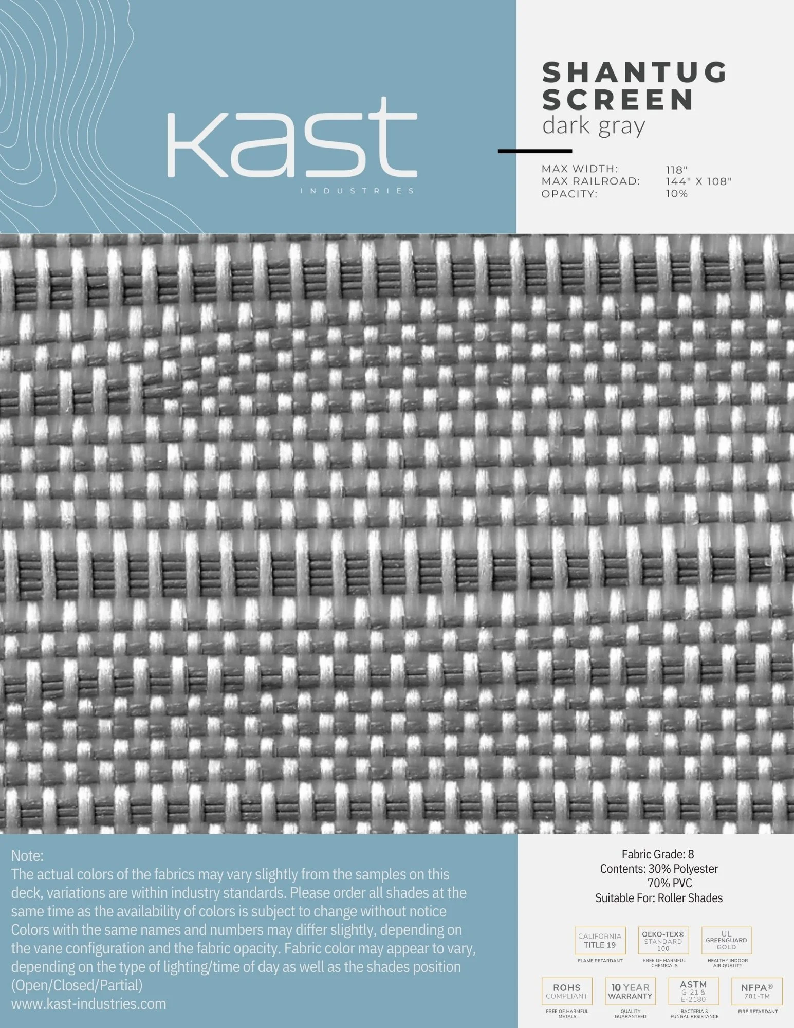 Close-up of gray woven outdoor roller shade fabric with packaging label from Kast Industries, showing product details such as the brand, material, and dimensions.