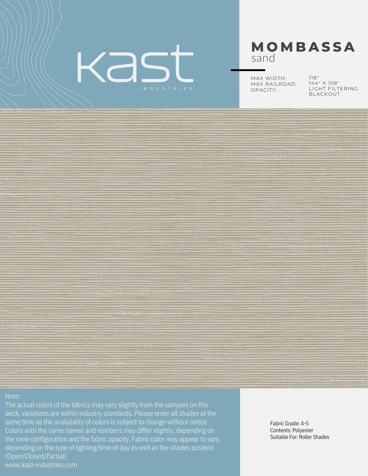 Sample fabric swatch in beige with fine horizontal stripe pattern by Kast Industries, labeled as Mombassa sand, suitable for roller shades.