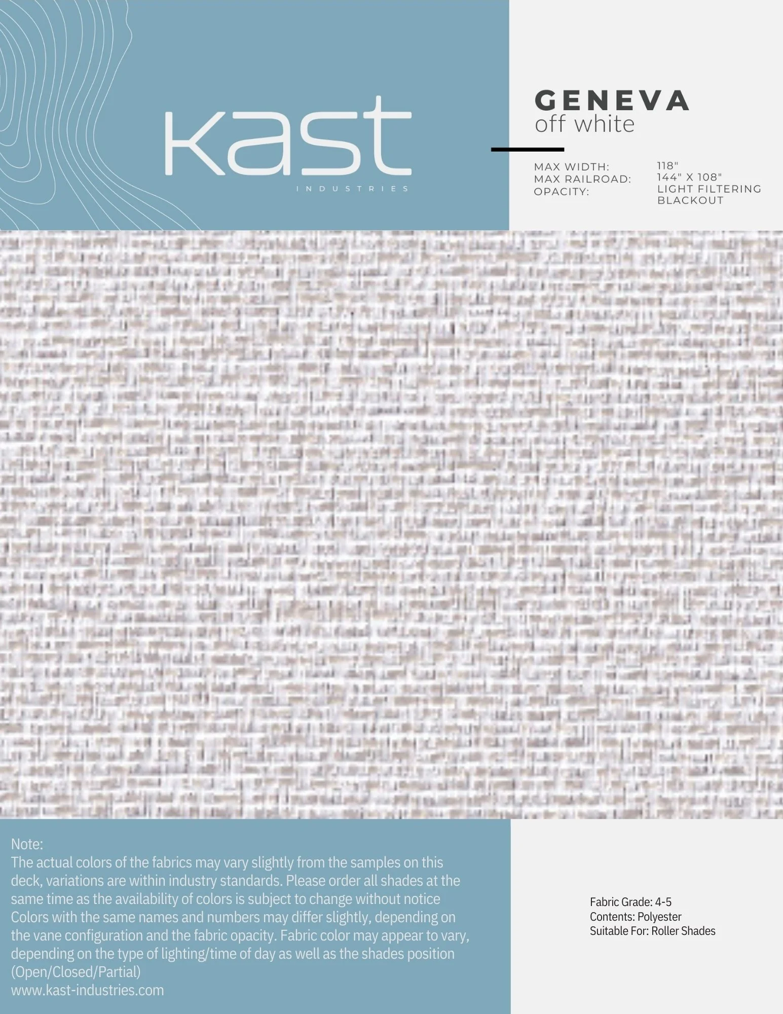 Kast Geneva off-white roller shade fabric with light filtering opacity and 118-inch maximum width.